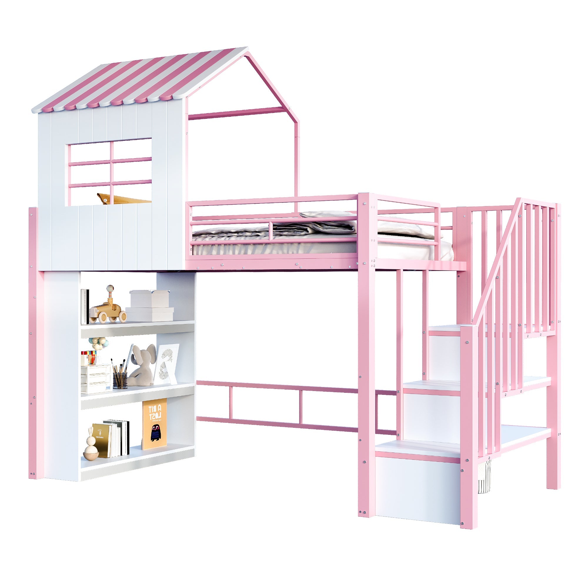 Iron Loft Bed with House Design, Storage Shelf and Safety Rail, 90x200cm, Pink Iron
