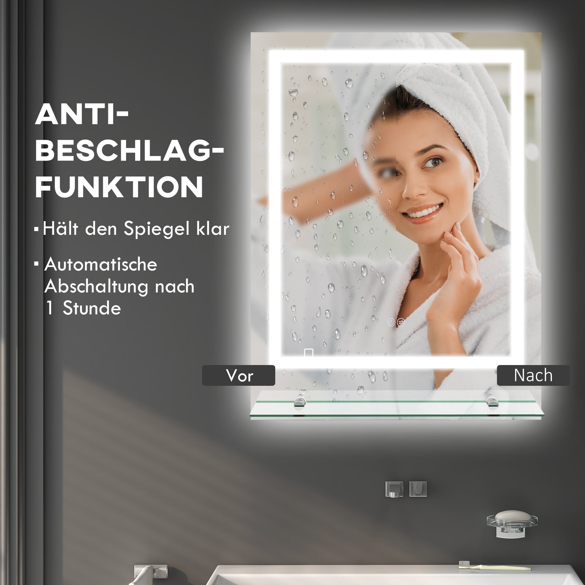 Kleankin Bathroom Mirror, LED, Anti-Fog, Touch Switch, Silver