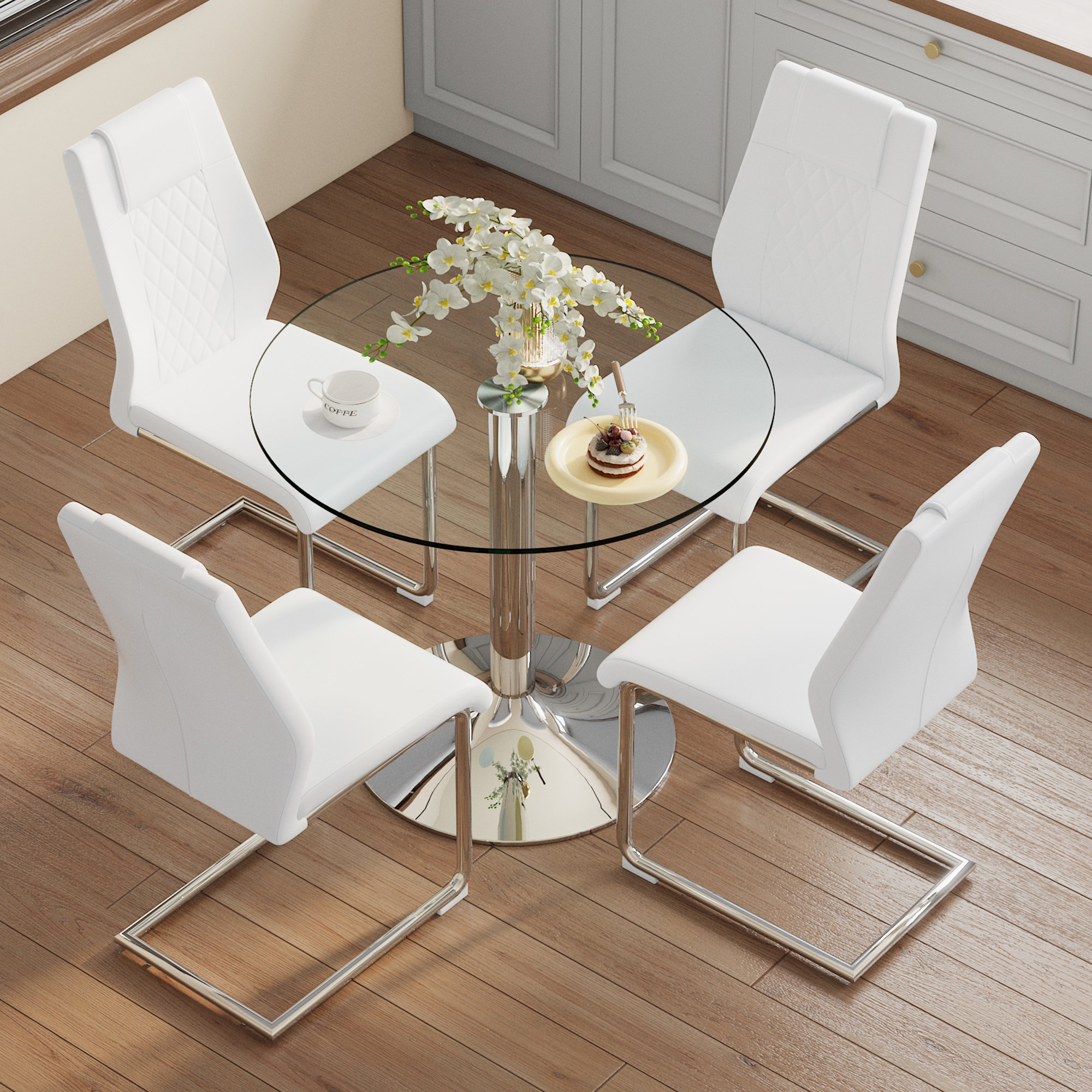 Dining Set - Minimalist Glass Table 85cm with 4 Chairs Metal Legs - White PU