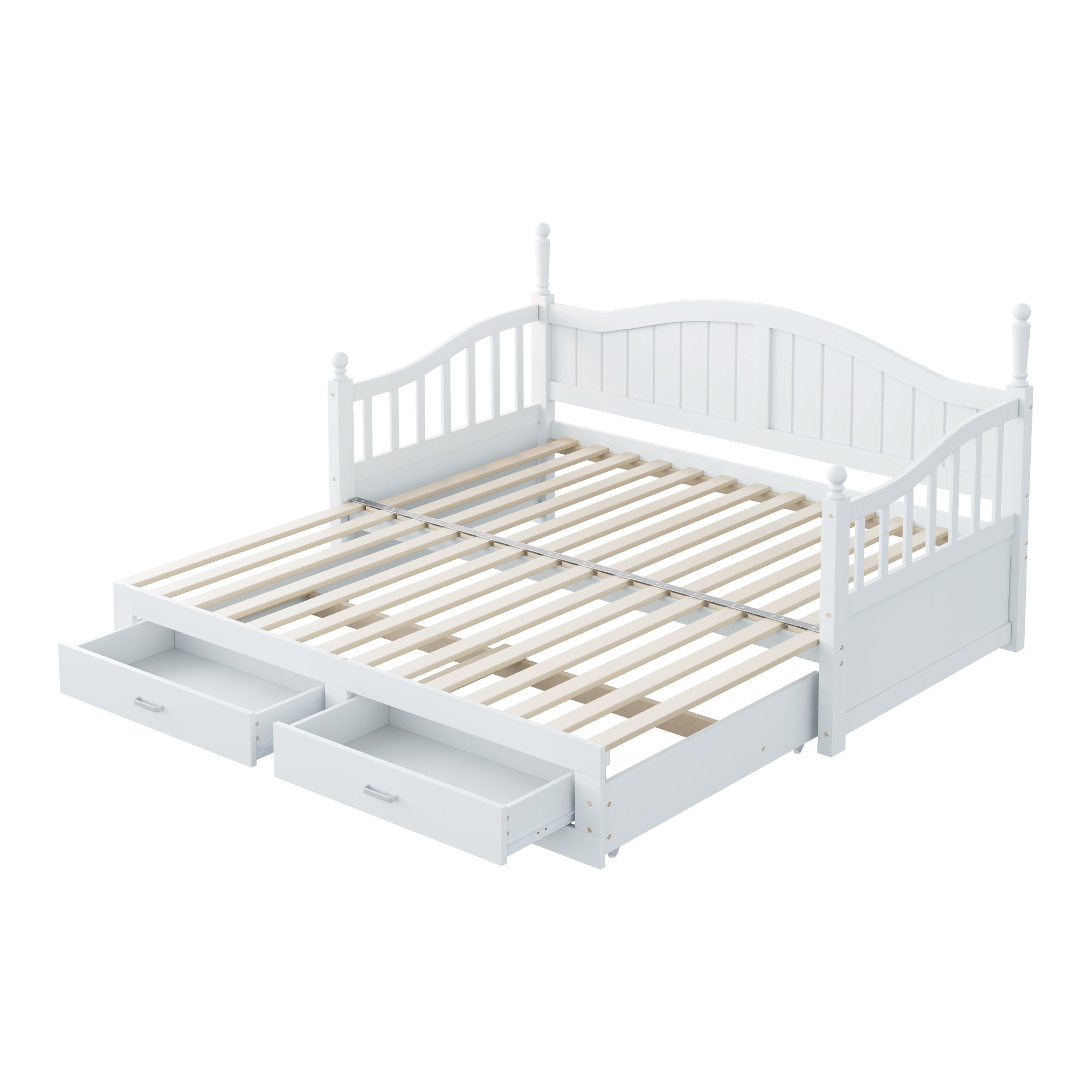 Sofa Bed, Pull-Out Multifunctional with Drawers & Slatted Frame, Pinewood White