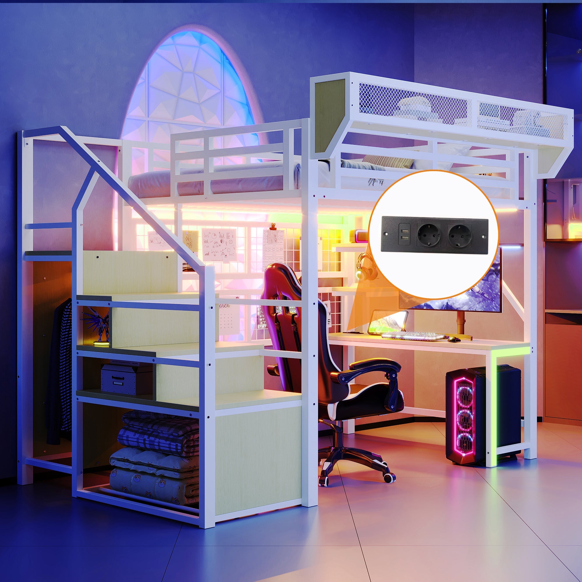 Metal Loft Bed with Desk, Shelf, Storage Net, LED and Socket, 140x200cm, White Metal