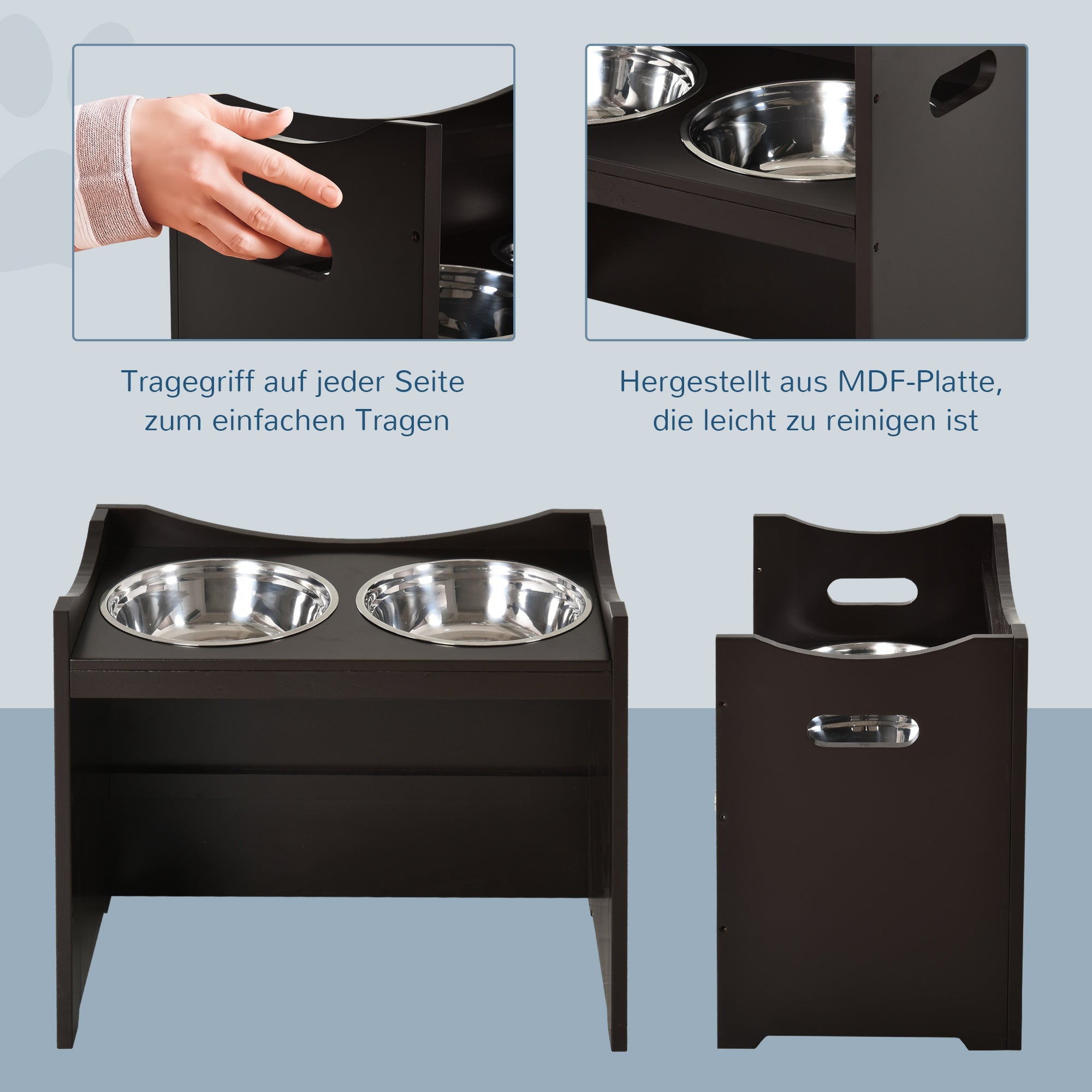 Dog Bowl Feeding Station, Height-Adjustable, Stainless Steel, Dark Brown MDF