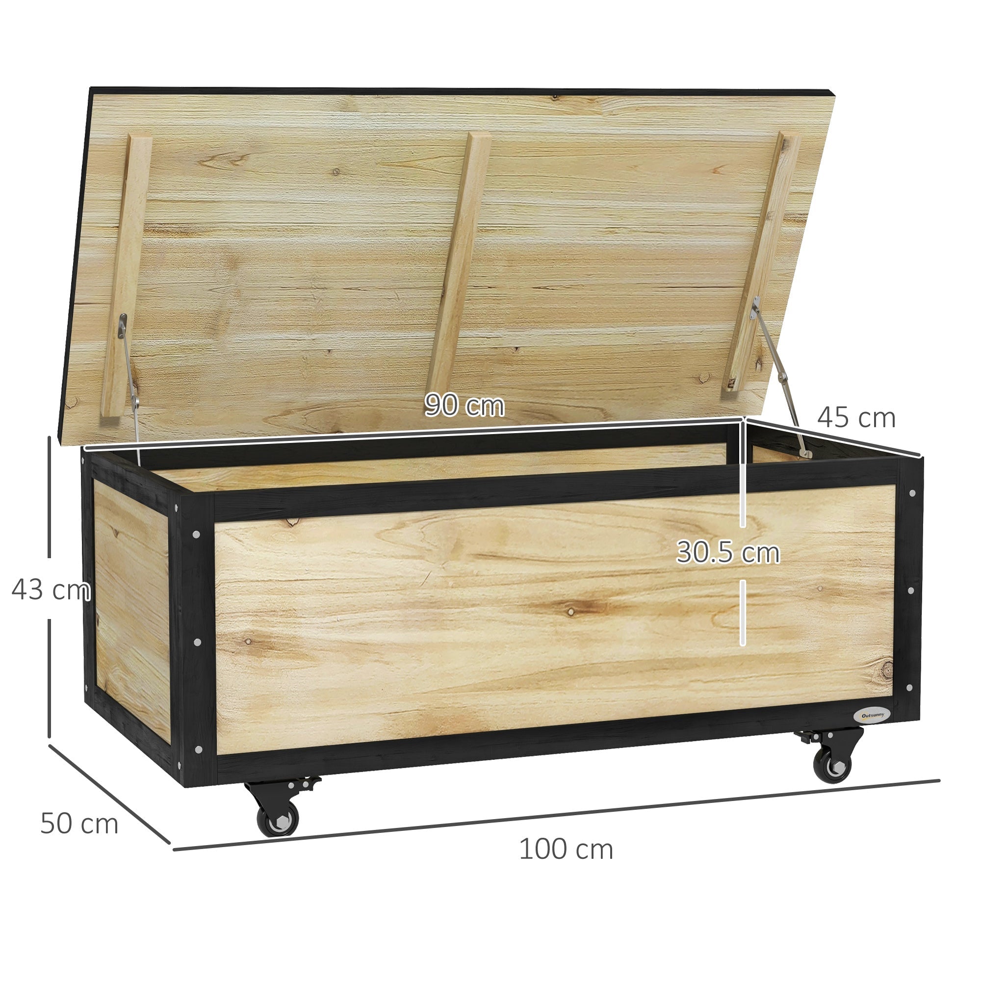 Wooden Garden Storage Box 121L Cushion Box with Wheels, Weatherproof, Natural