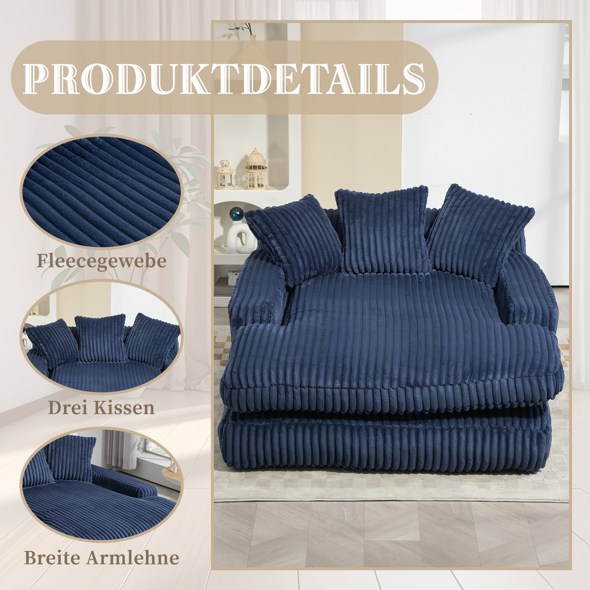 Sofa Bed, Cloud Couch with 3 Soft Pillows, Single Seat, Corduroy Navy Blue