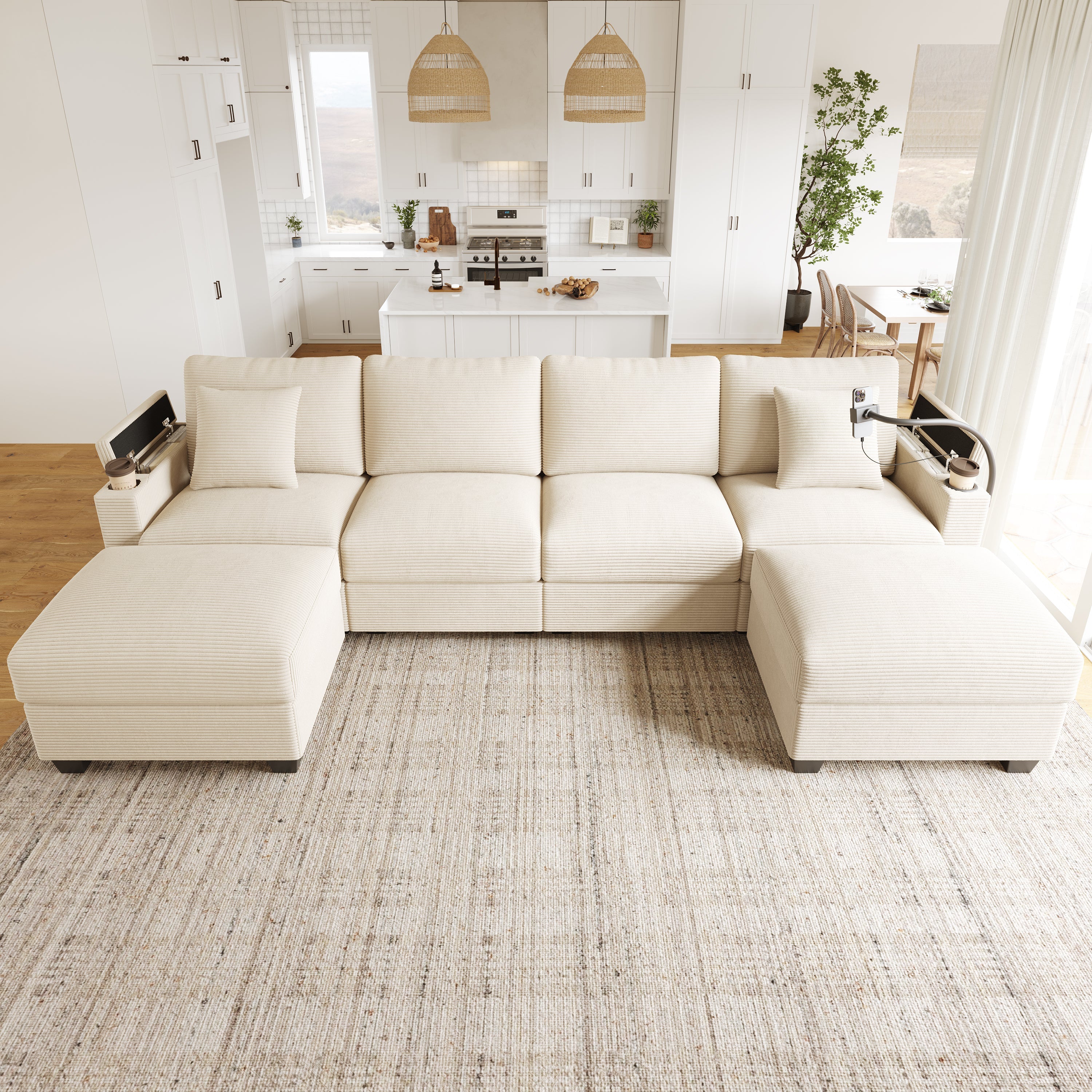 U-Shaped Modular Sofa with Sleeping Function, Phone Holder and USB Port, Beige Corduroy