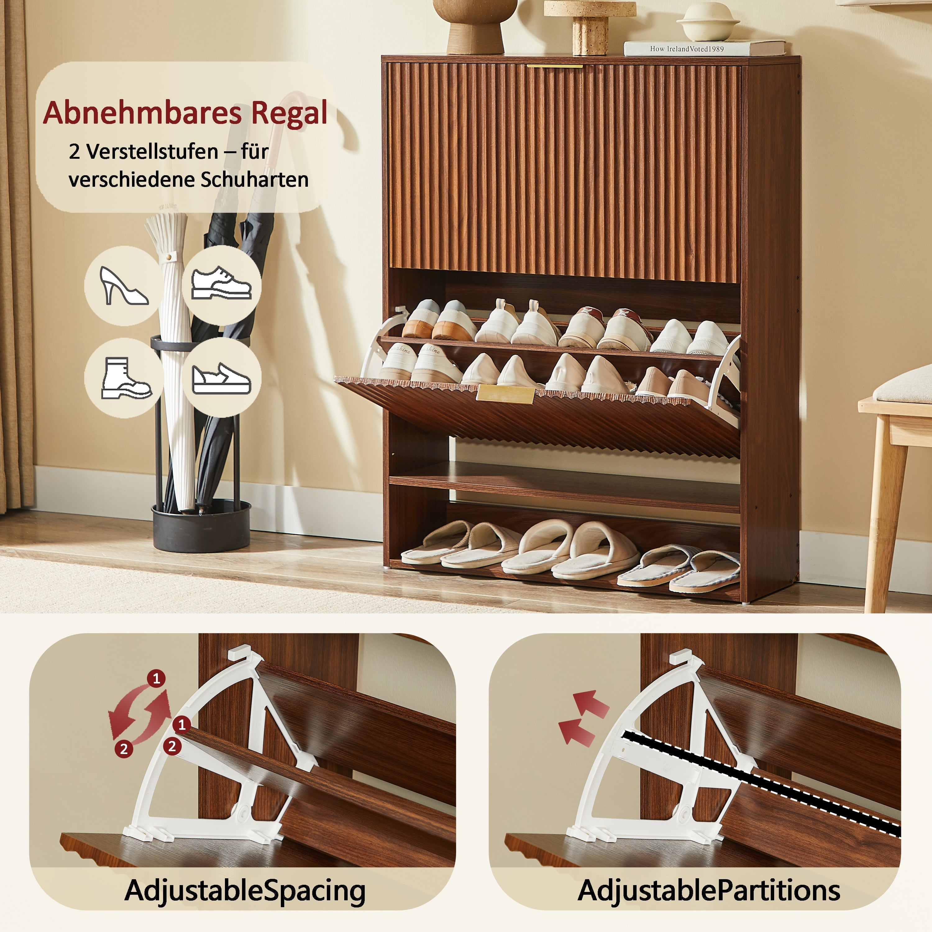 Narrow Shoe Cabinet with Grooved Front and Anti-Tip Device, Walnut Look