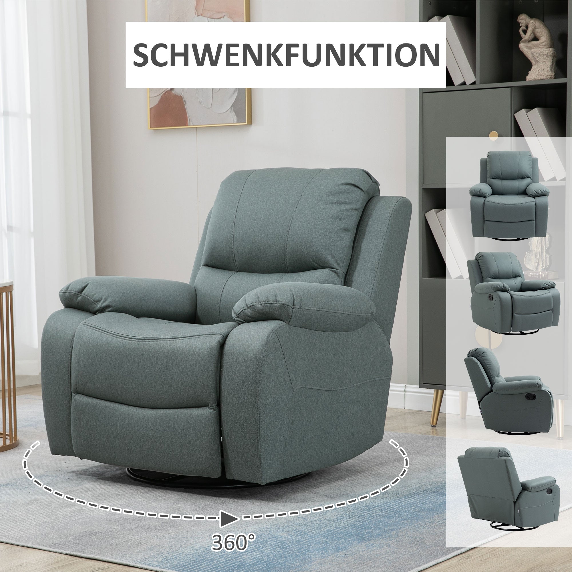 Swivel TV Armchair, 135° Reclining with Footrest, Polyester Green