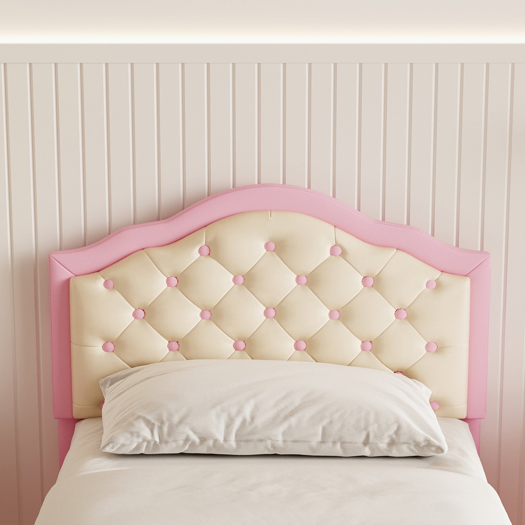 3ft Single Upholstered Bed Frame with Adjustable Chic Button-Tufted Headboard, Pink+Beige
