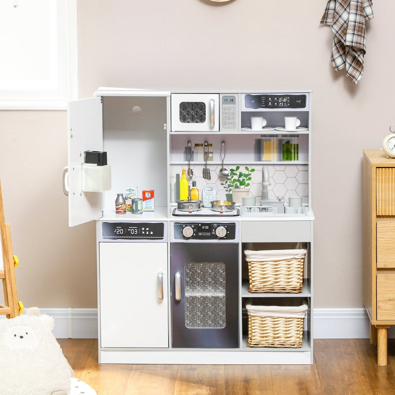 AIYAPLAY Play Kitchen Set, Stainless Steel Dishes, Stove, Sink with Water Circulation, Light & Sound Effects, White