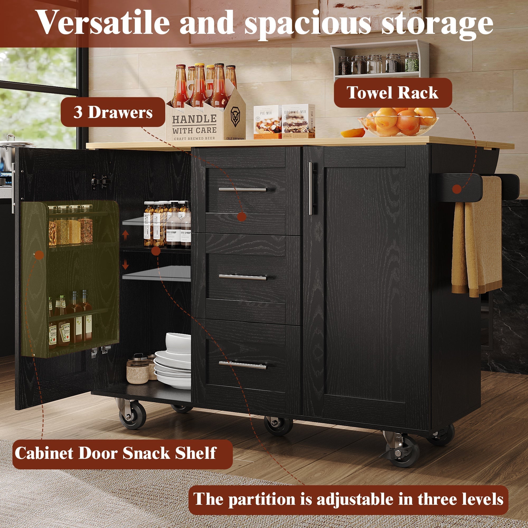 Kitchen Island Workbench Storage Removable Casters - Black