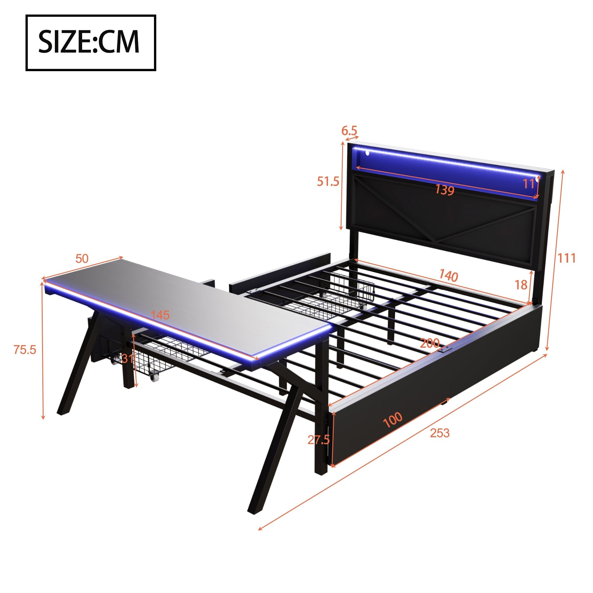 Gaming Platform Bed with LED Headboard, Desk and Drawers, Black Metal