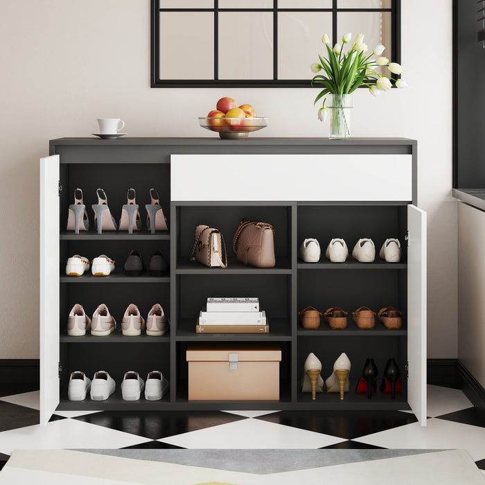 Shoe Cabinet, 2 Doors 1 Drawer Adjustable Rack, Black/White Modern Design