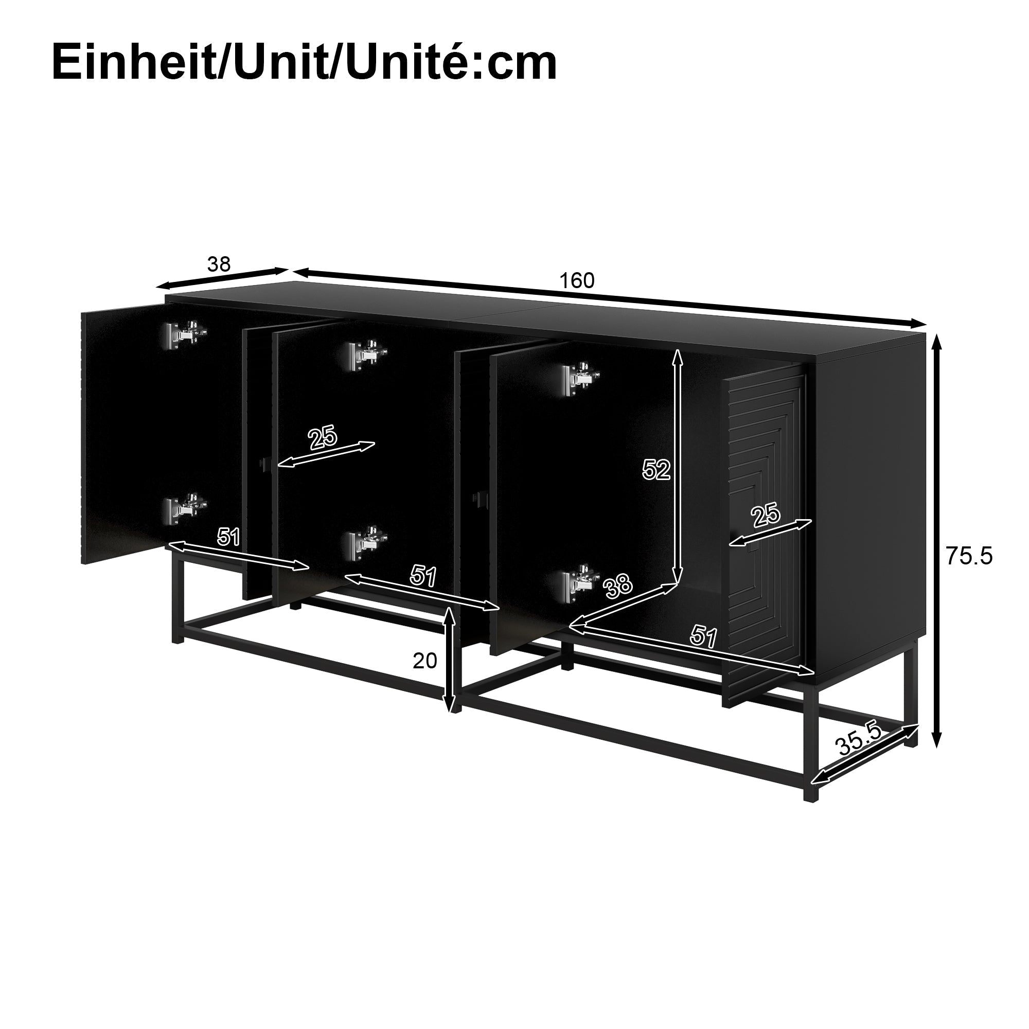 Sideboard Cabinet 3 Double Doors Large Storage Matte Finish - Black
