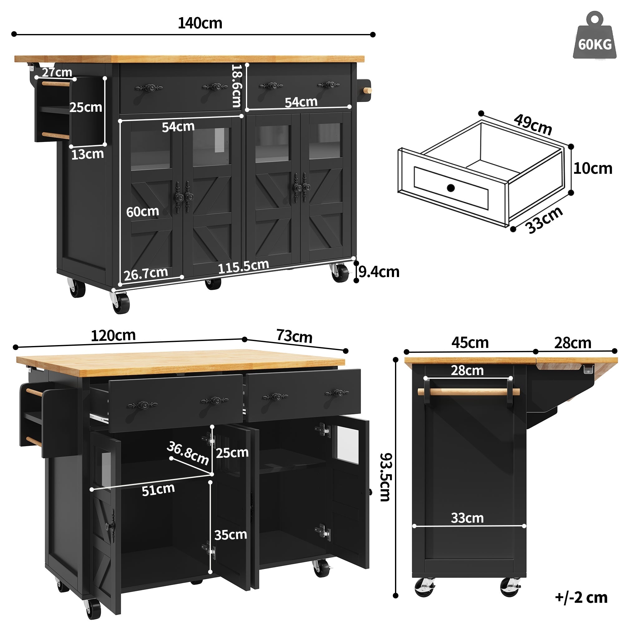 Kitchen Island Serving Trolley with Ample Storage and Adjustable Shelves, Black