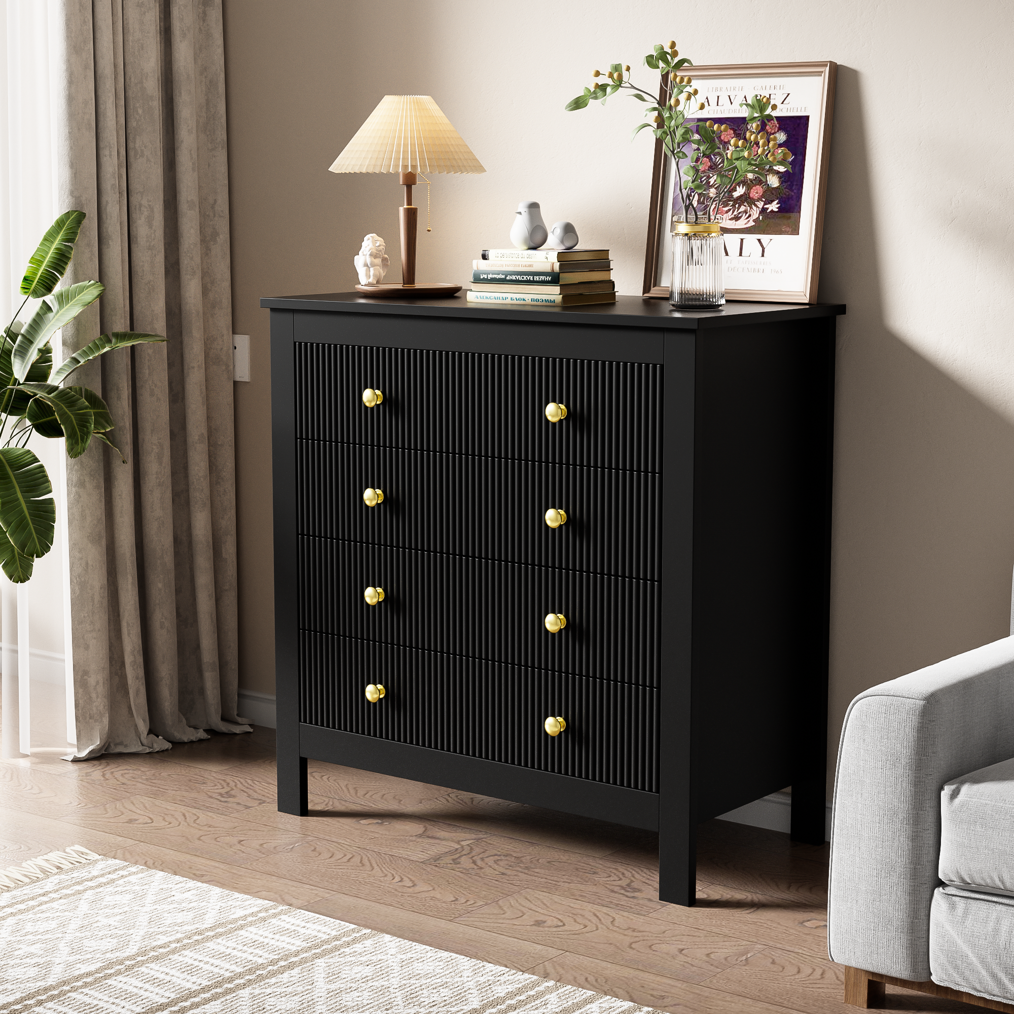 Sideboard, chest of drawers with special doors, gold handles