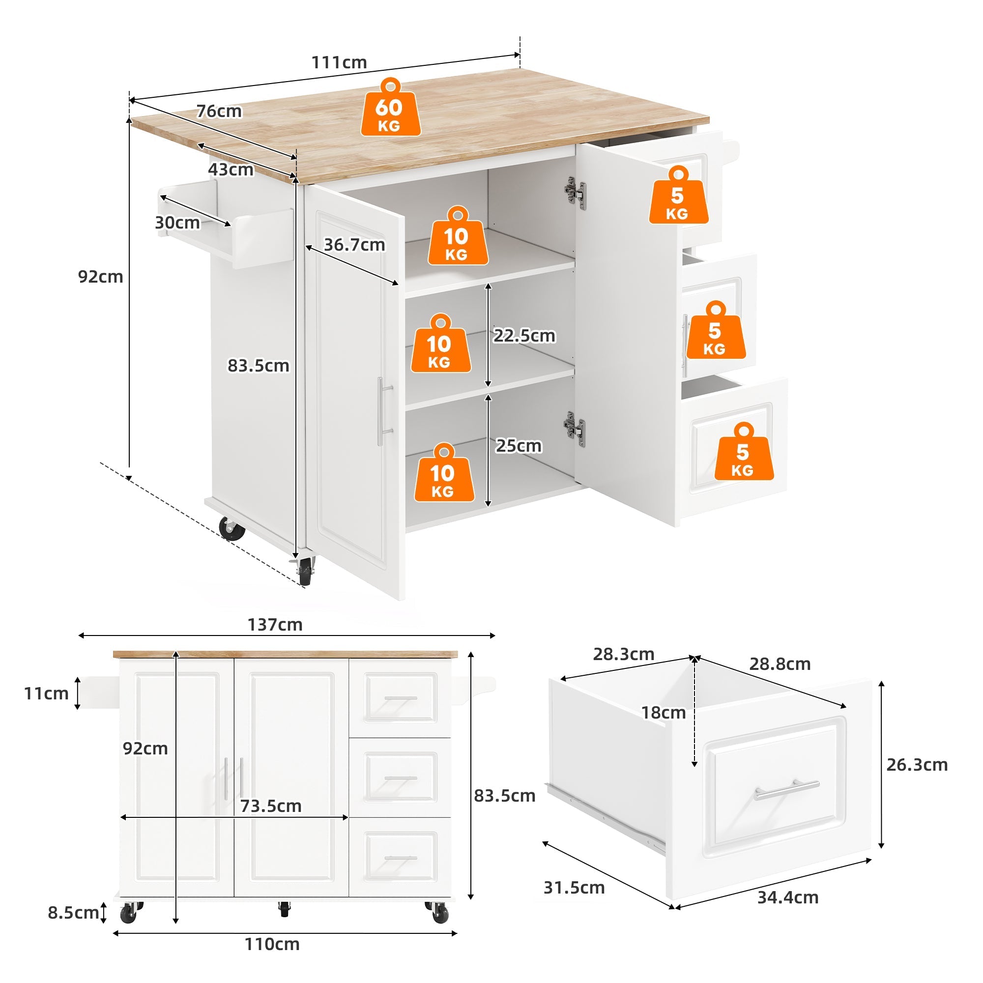 Mobile Kitchen Table with Foldable Oak Worktop and 3 Drawers, Oak and White