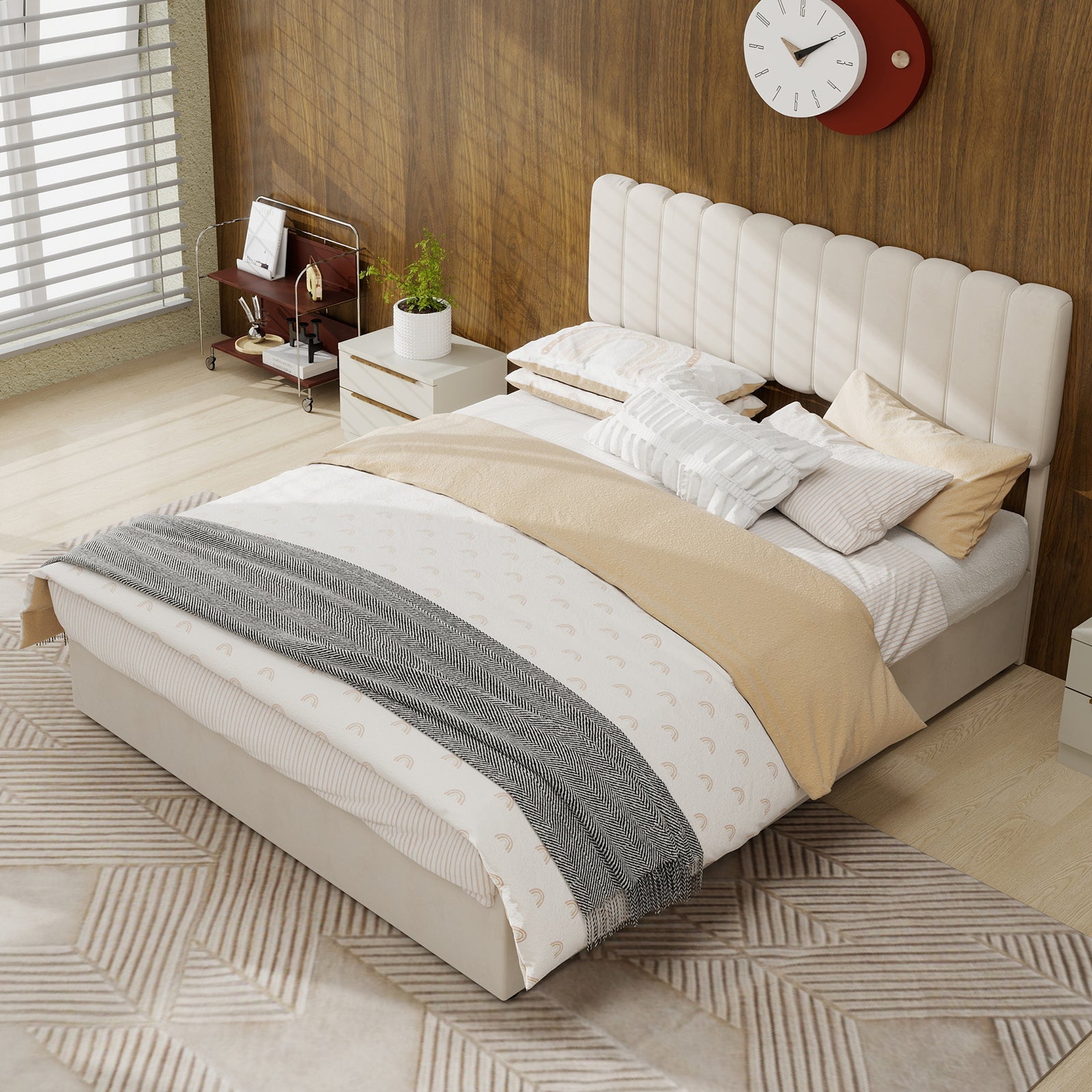 Upholstered Bed 140x200cm Gas Lift Storage Soft Headboard - Beige