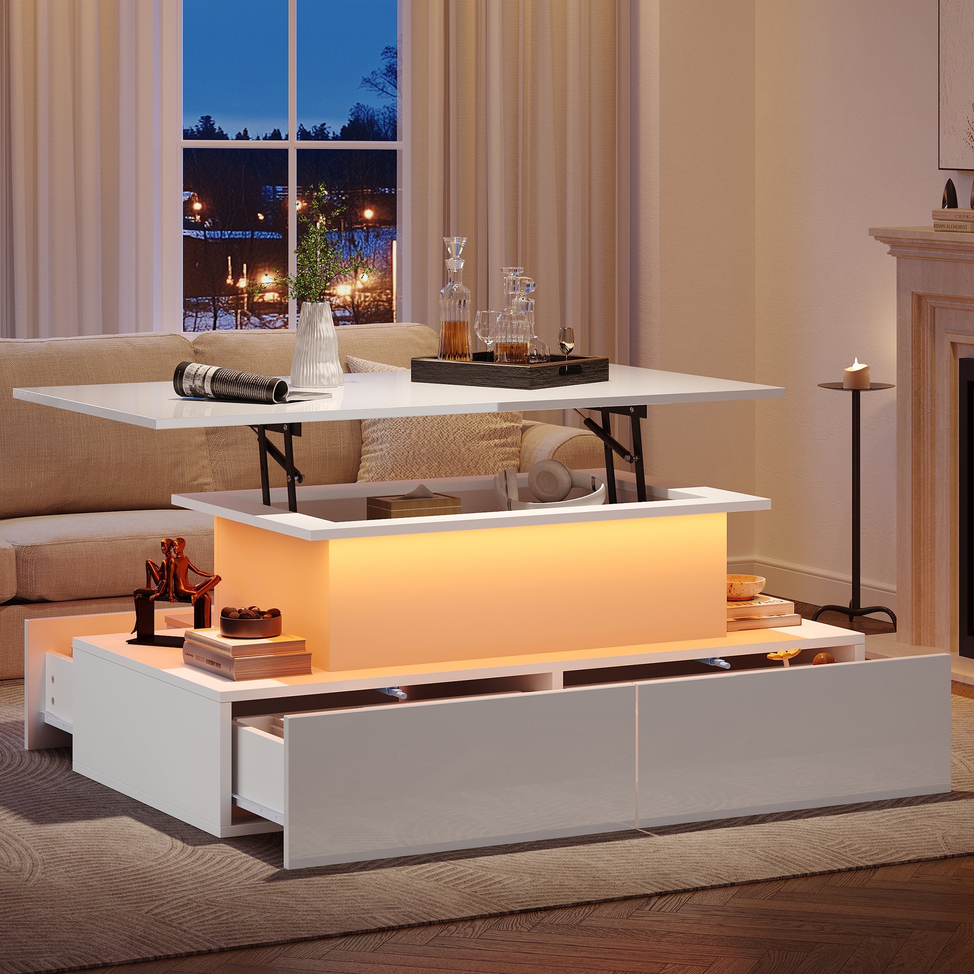 Coffee Table with LED Lighting and 4 Drawers, 90x55x41 cm, White High-Gloss