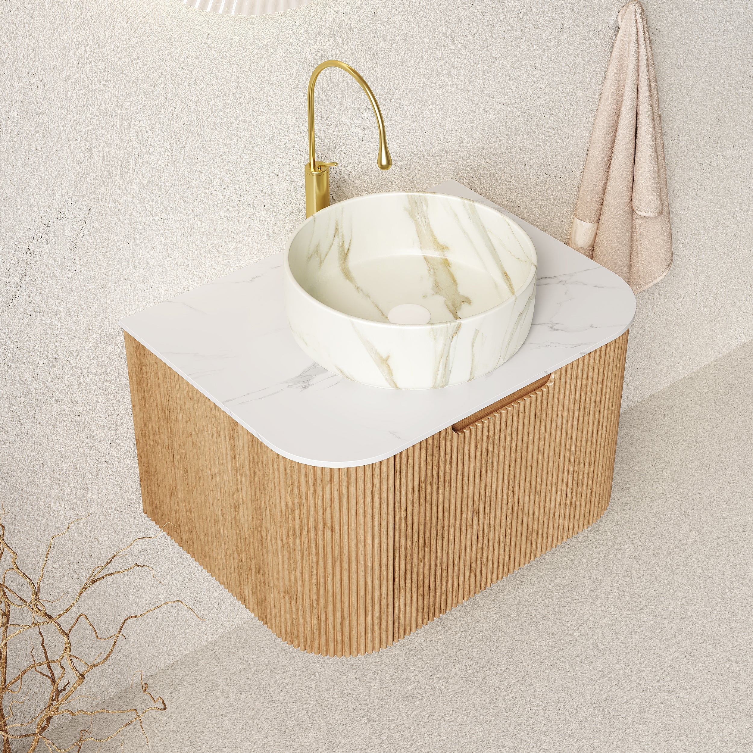 61cm Wall-Mounted Bathroom Vanity Unit with Ceramic Basin and Carrara White Top, Natural Wood Grain