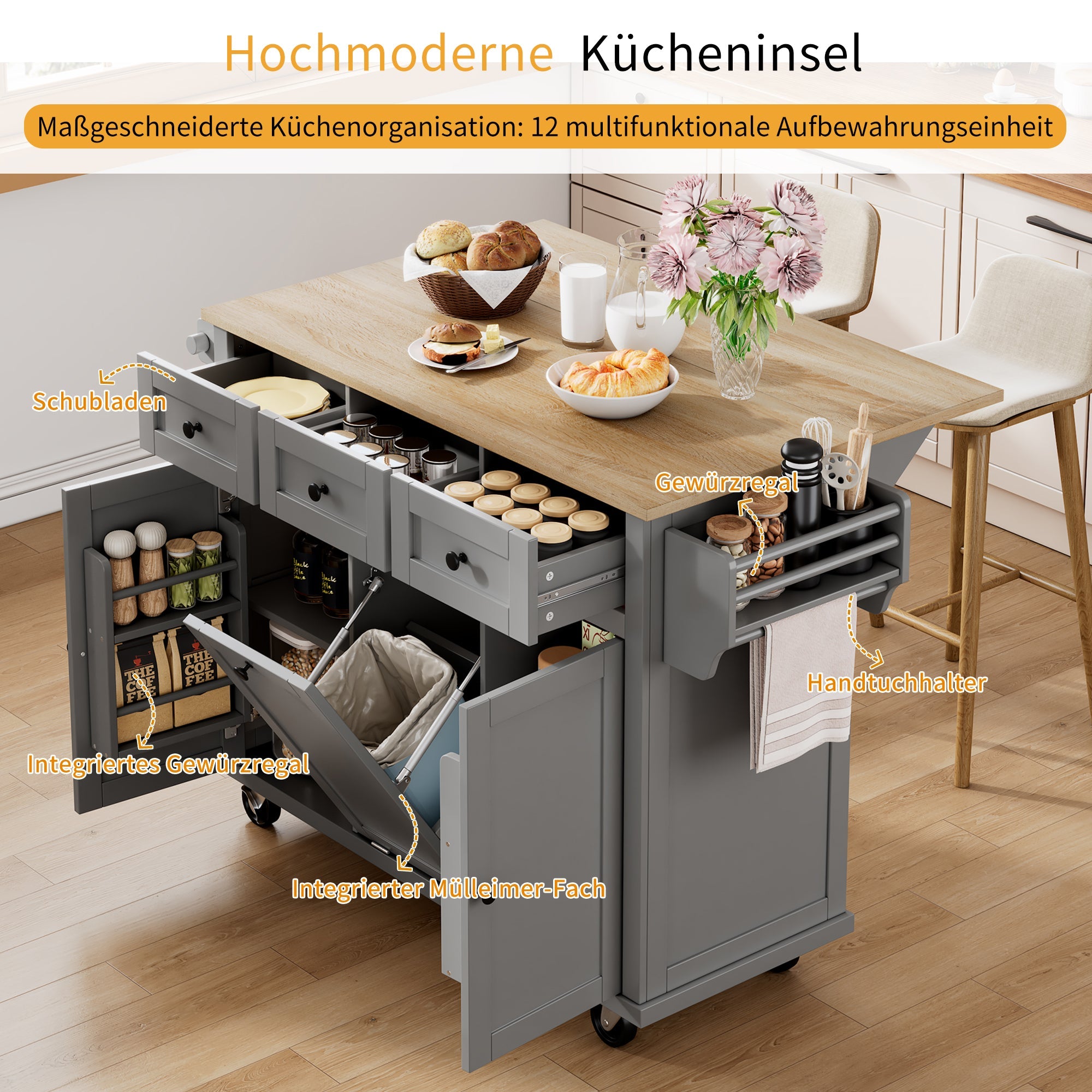 Kitchen Island with Wheels, Extendable Dining Area, Waste Bin & Drawers, Grey