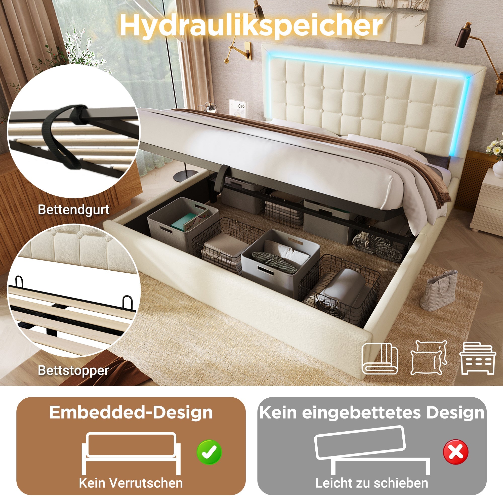 Upholstered Bed with Storage, LED Lighting and Mattress, 140x200cm, White Faux Leather