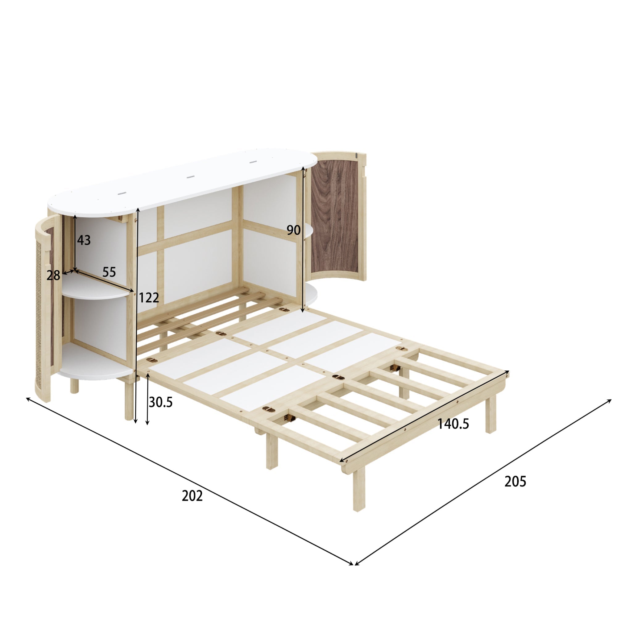 Wall Bed 140x200cm Vertical Folding Rattan Design Storage - Wood Color