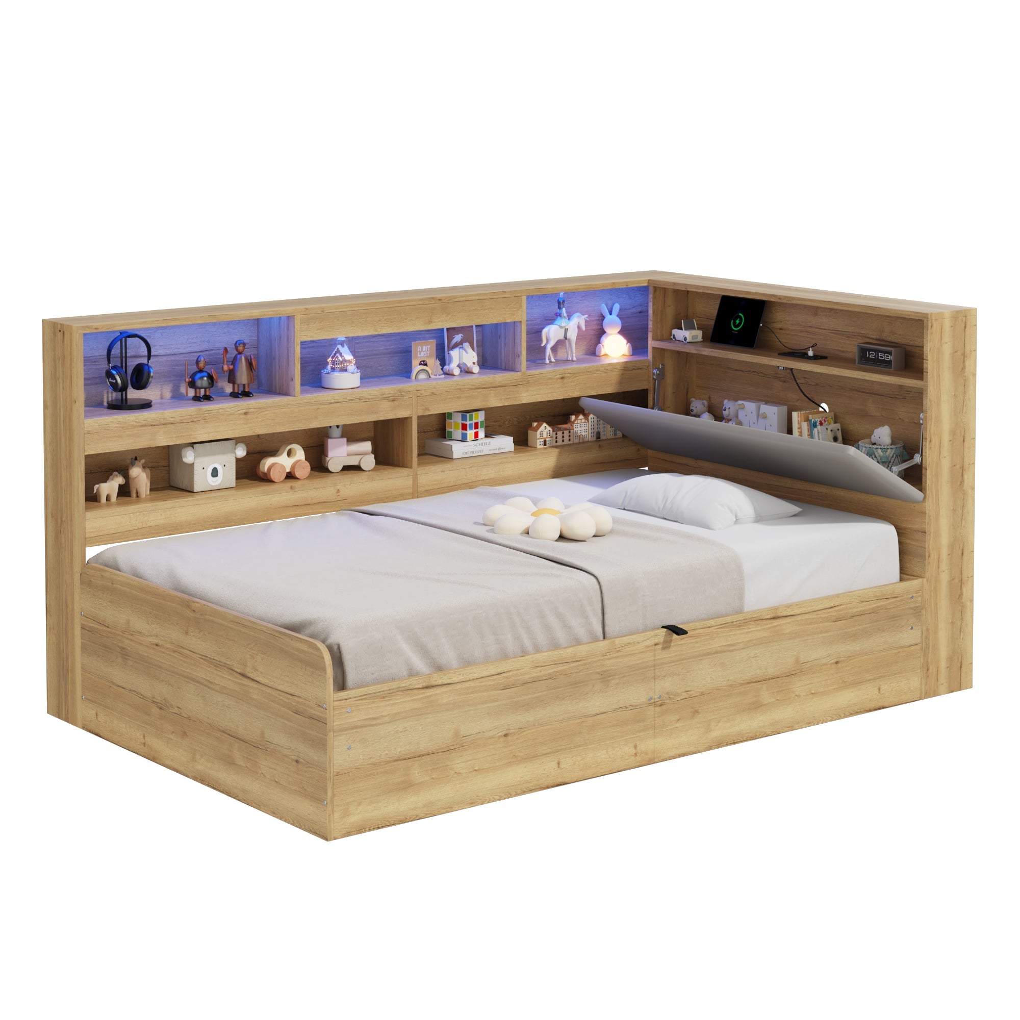 Daybed with Hydraulic Storage, USB Charging and LED Lighting, 90x200cm, Natural Wood