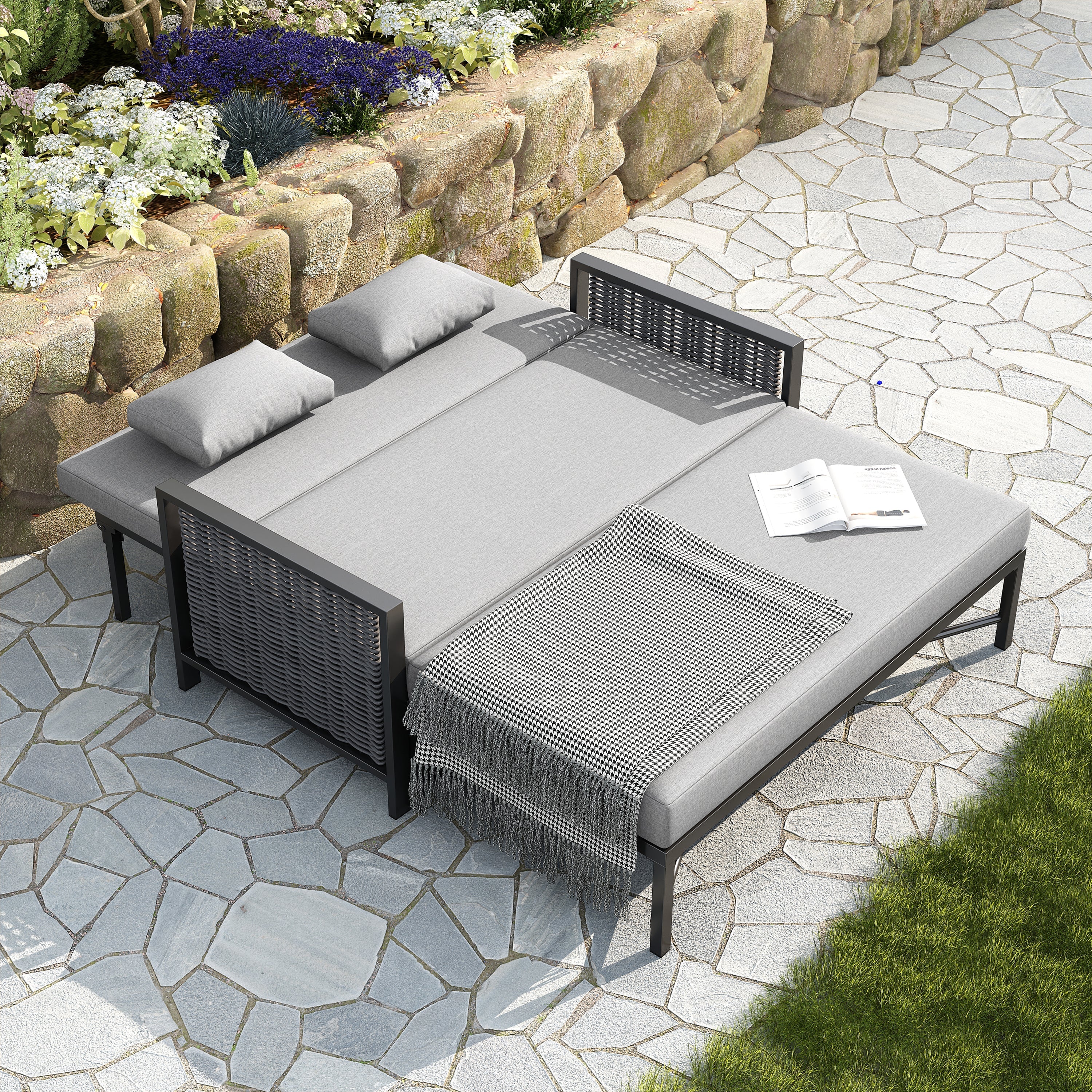 Outdoor Lounger Garden Sofa for 2 People with Adjustable Backrest and Retractable Footrest, Grey