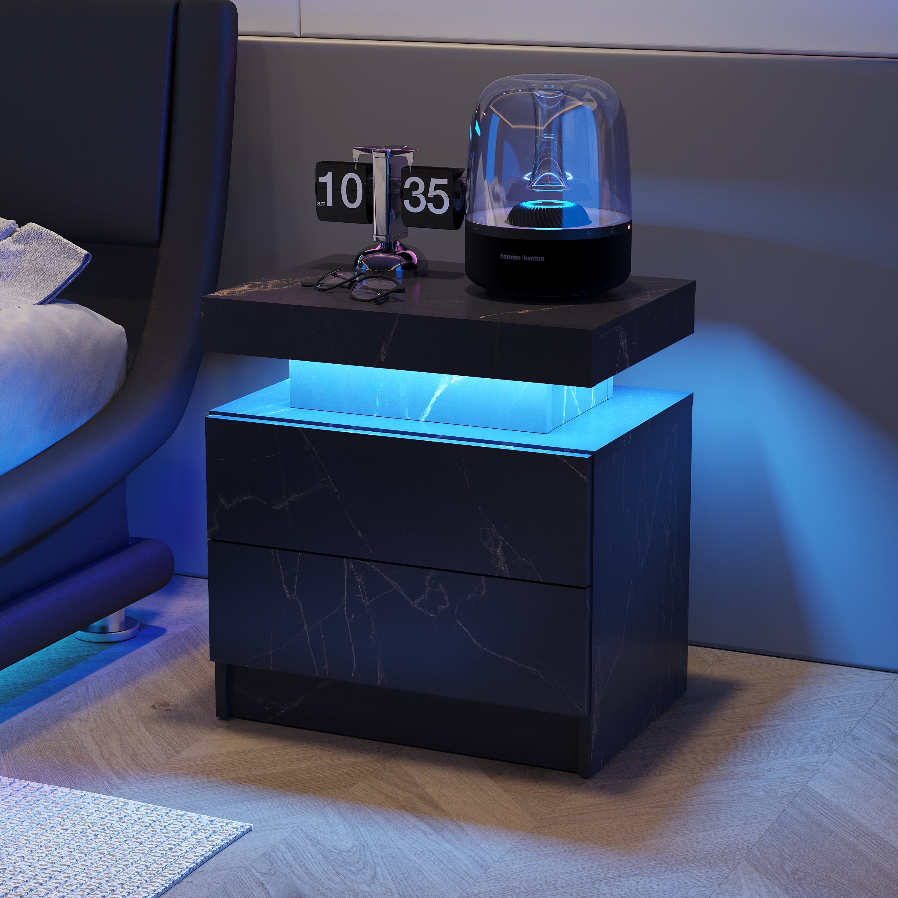 Nightstand with LED Bedside Table Cabinet Lights and 2 Drawers, Black Gold