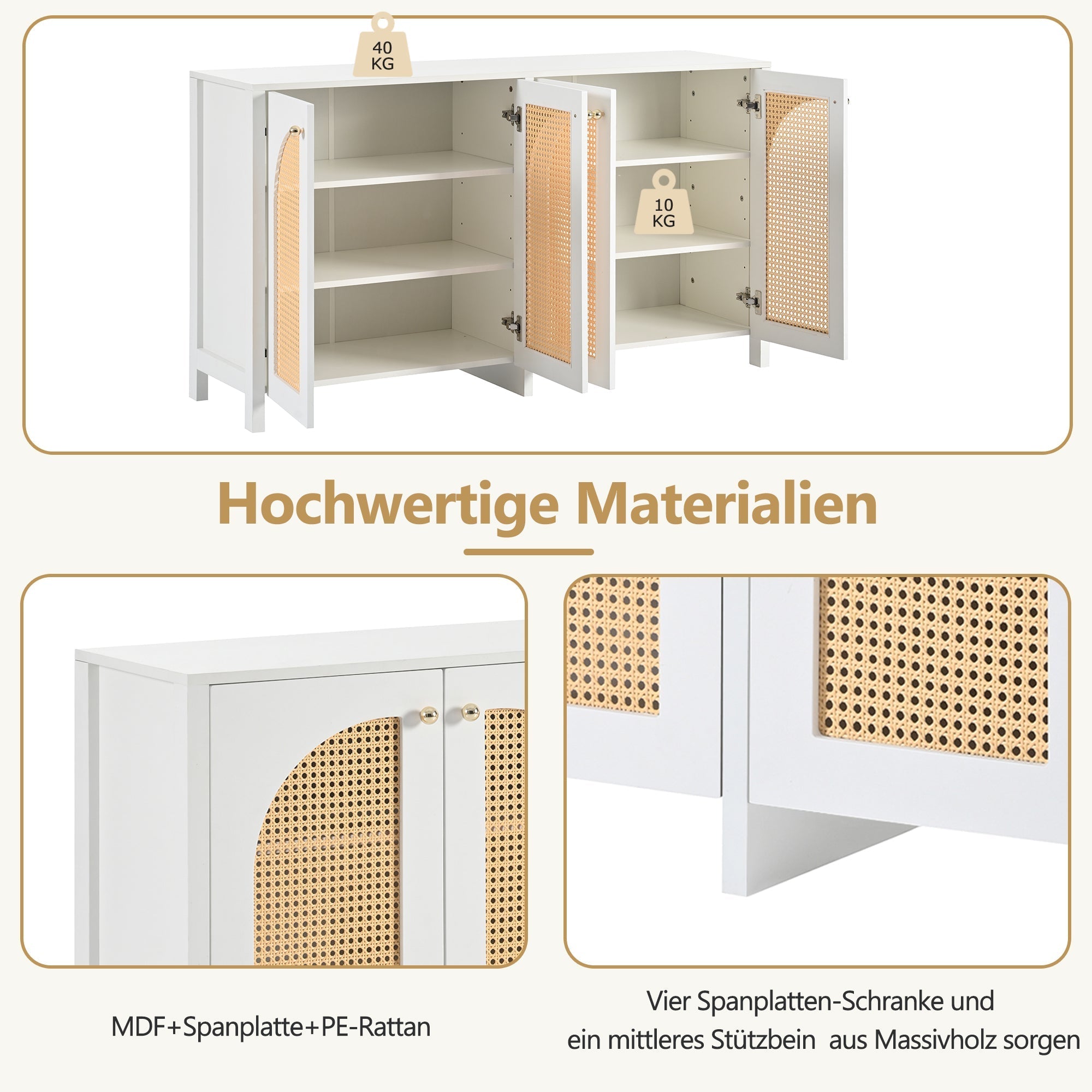 Sideboard, 4 Rattan Doors with Metal Handles, White