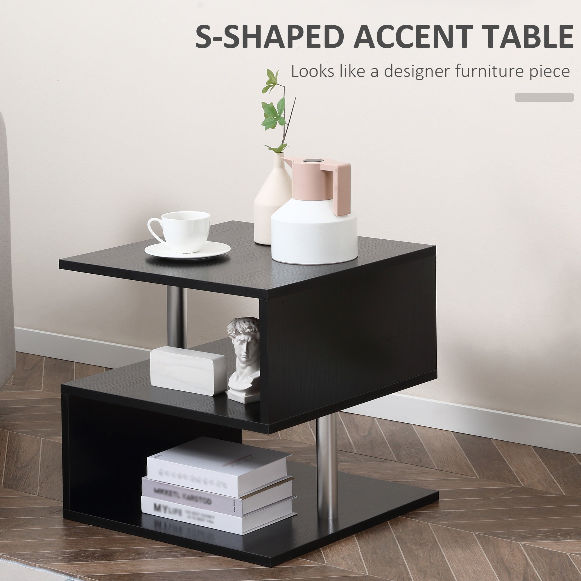 Wooden S Shape Cube Coffee Table 2 Tier Storage Shelves Black