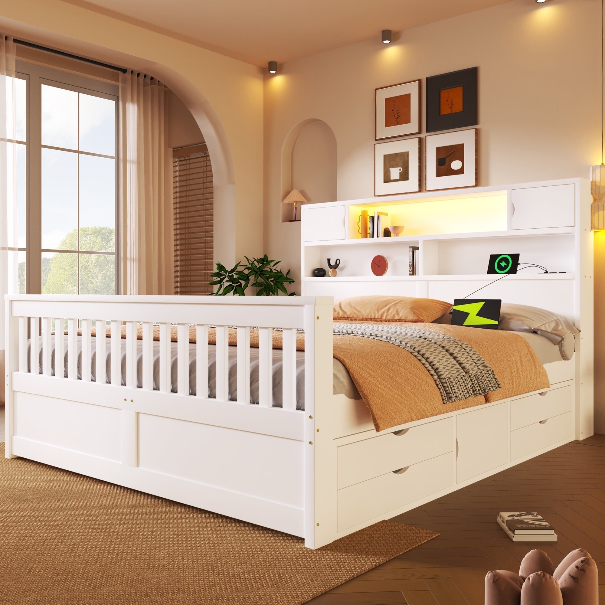 Platform Bed Frame with Storage Shelves, LED, USB and 4 Drawers, 160x200cm, White