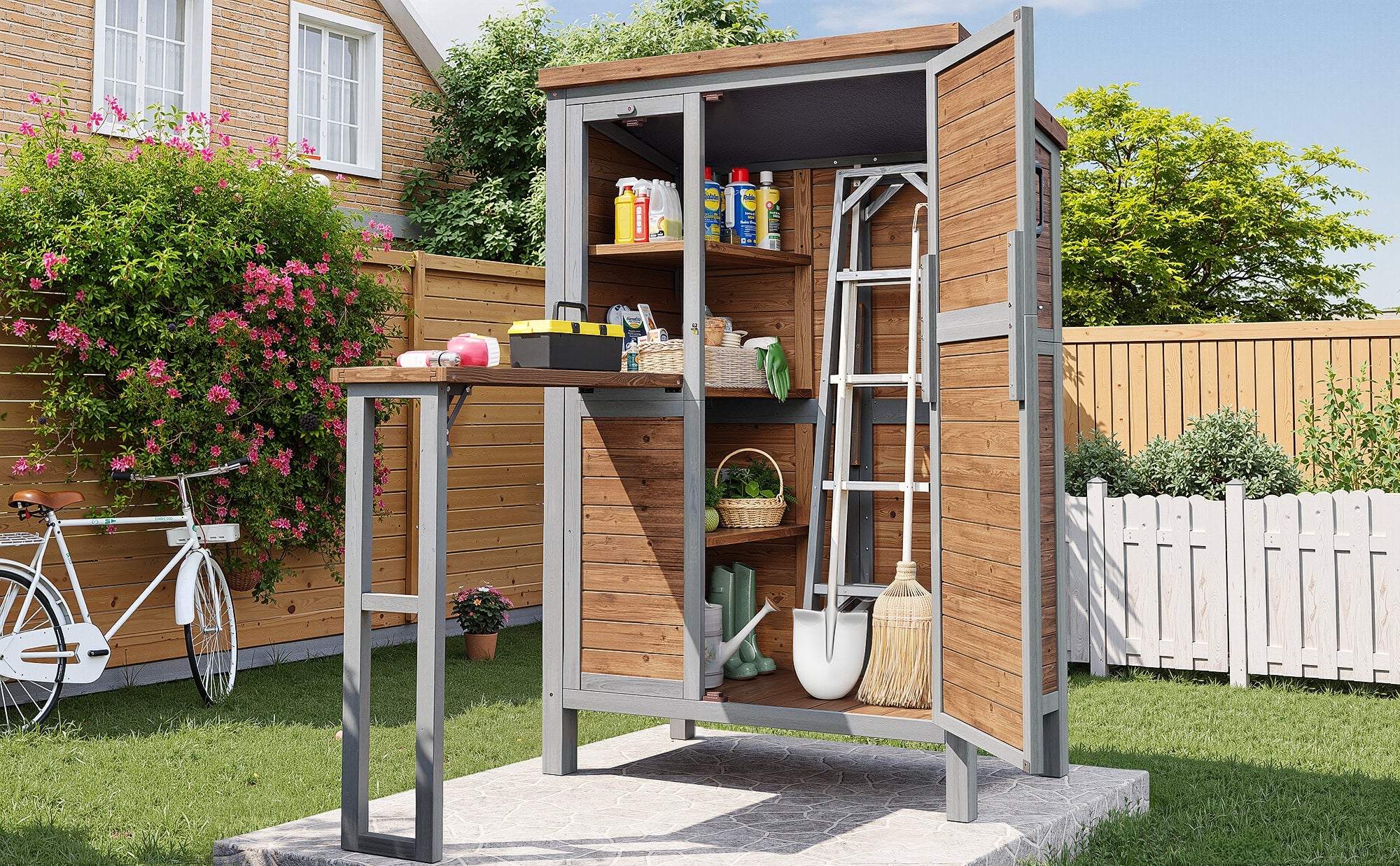 Outdoor Garden Cabinet with Fold-out Worktop and Adjustable Shelves, Fir Wood