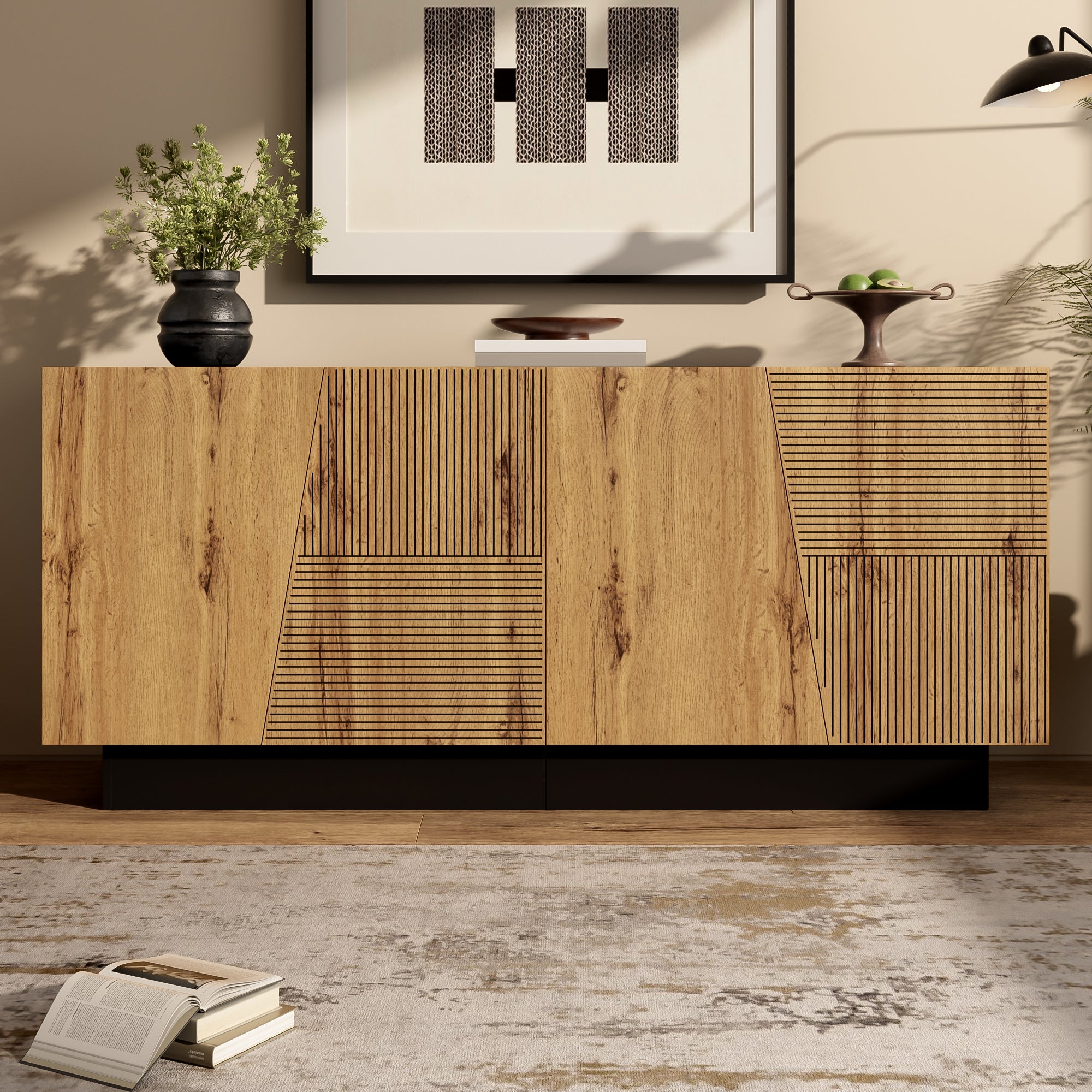 Sideboard 160cm Ample Storage Geometric Design Adjustable Shelf Black/Wood Particleboard