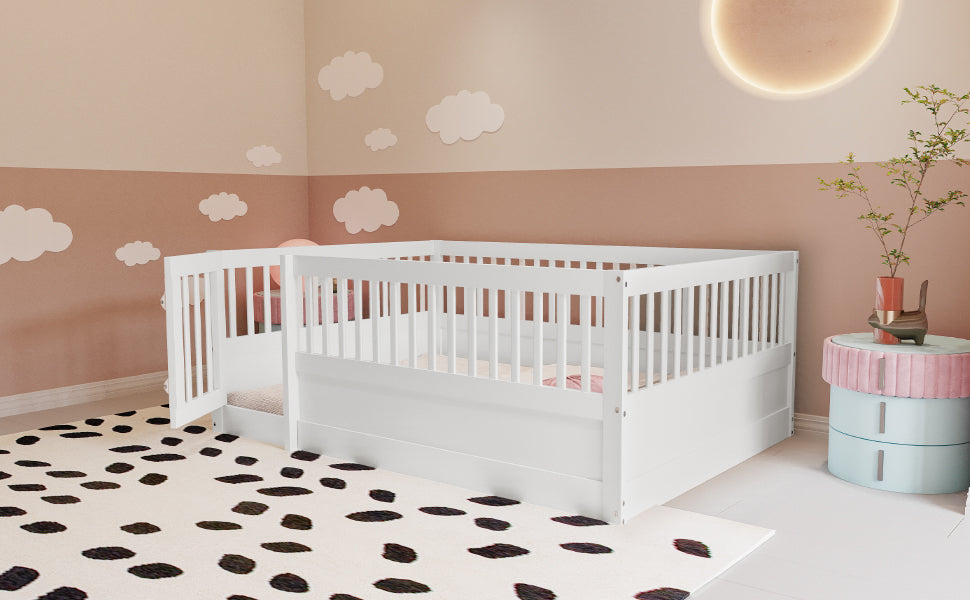 Children's Bed, 140 x 200 cm Wooden Frame with Bars & Door, White
