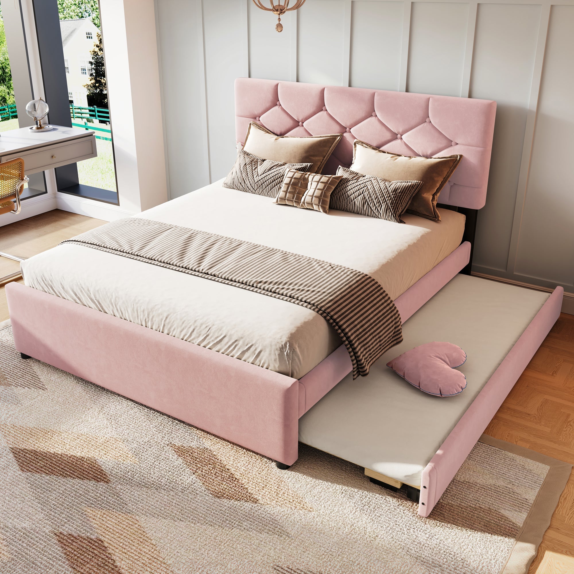 Upholstered Bed 140x200cm Rolling Storage Slatted Base Minimalist - Velvet Pink