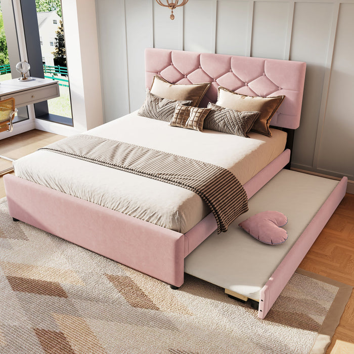 Upholstered Bed 140x200cm Rolling Storage Slatted Base Minimalist - Velvet Pink