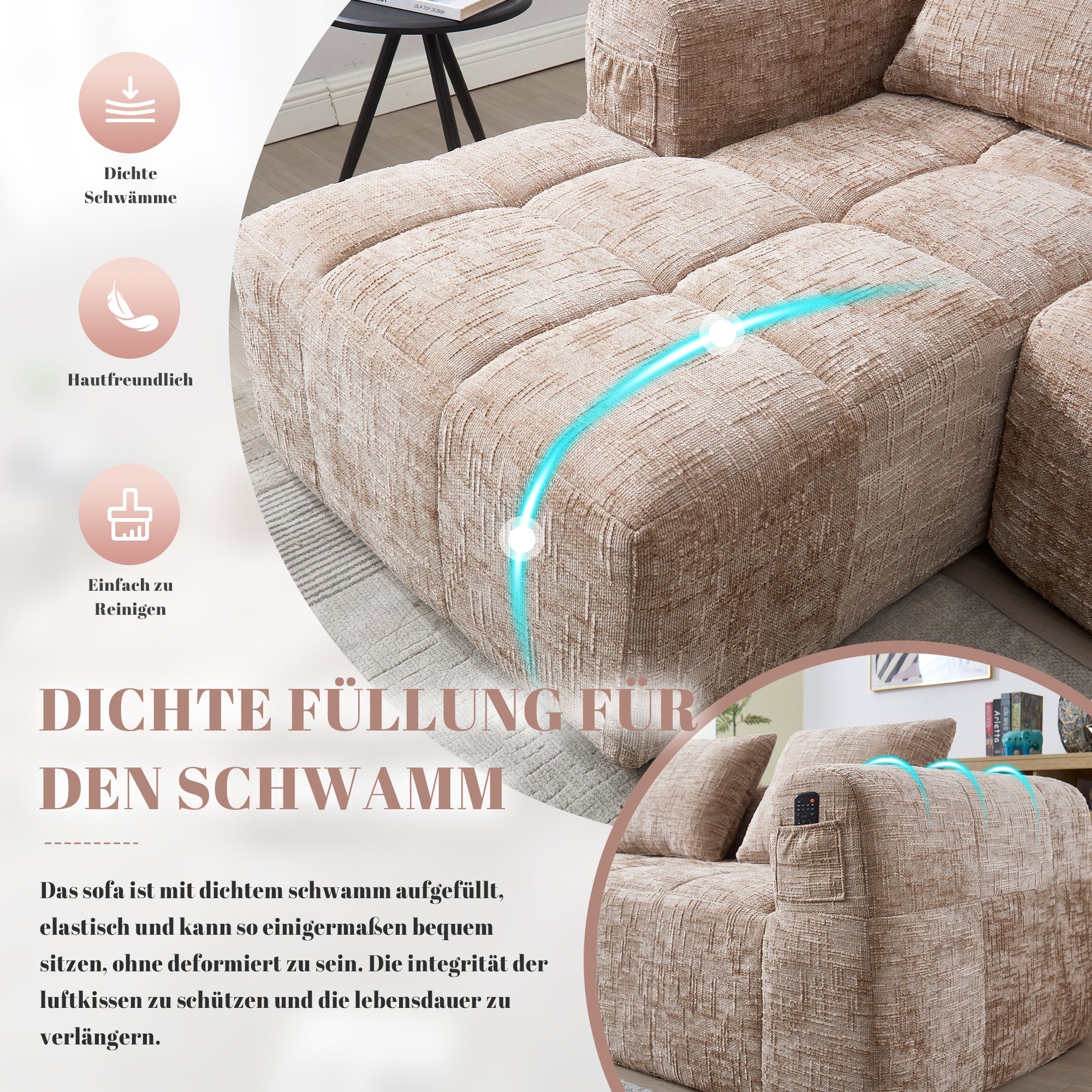 Modern Sectional Sofa L-Shaped 3-Seater Chaise Lounge Chenille Khaki