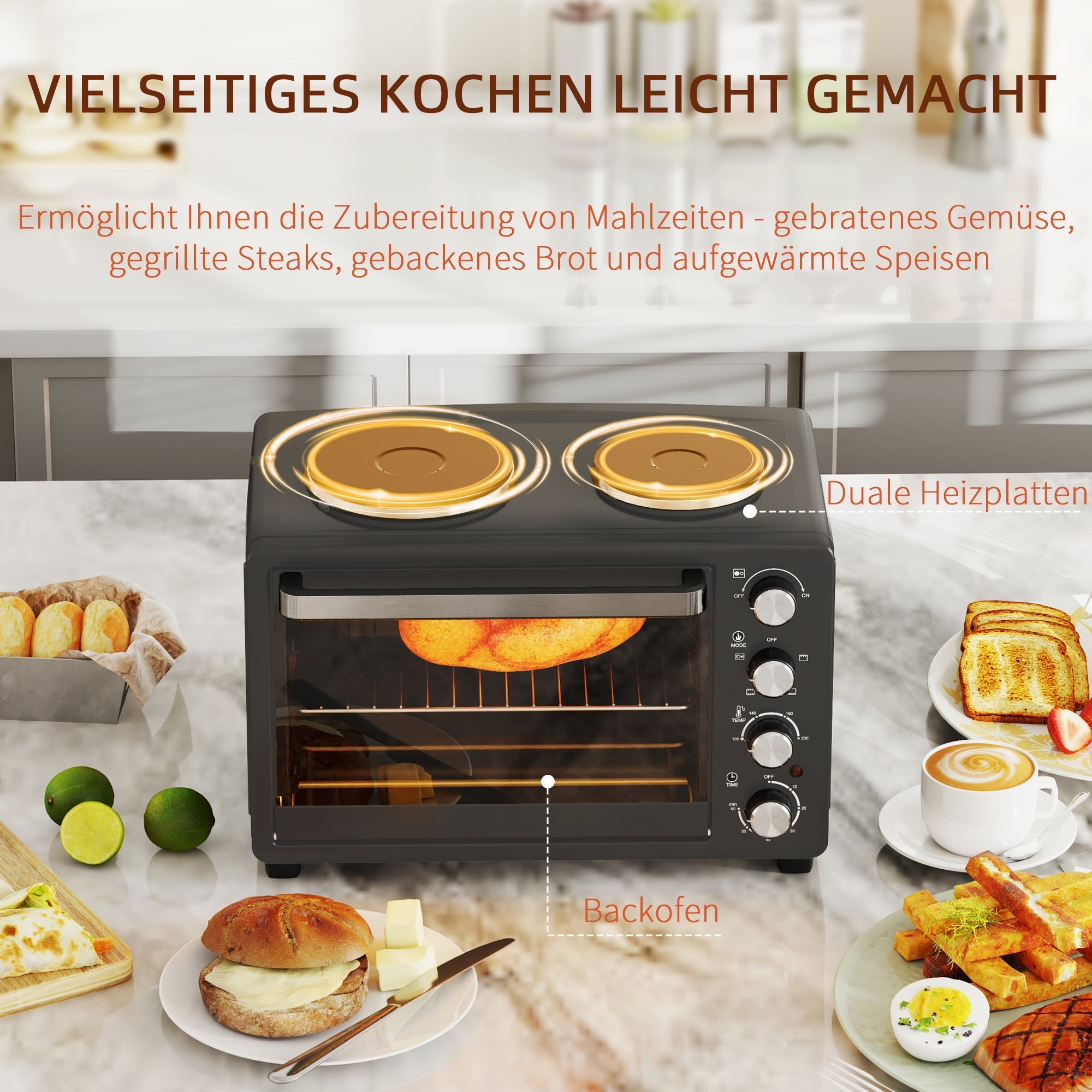 Mini-Backofen 28L 2600W mit 2 Kochplatten, Schwarz