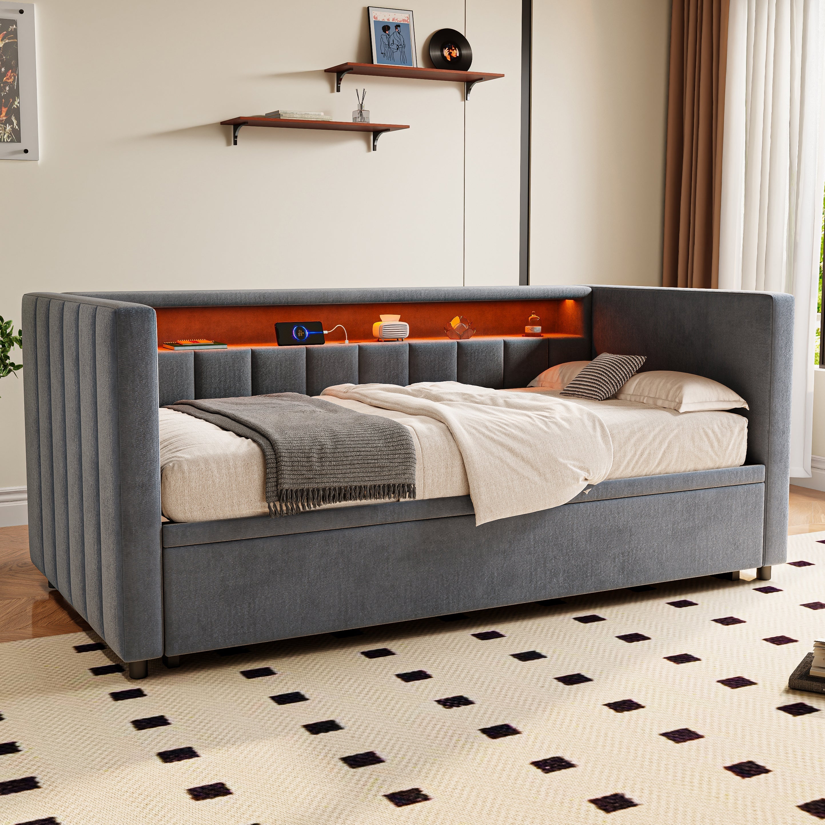 Multifunctional Sleeper Sofa with Pull-Out Bed, USB, LED, and Storage, Gray Velvet