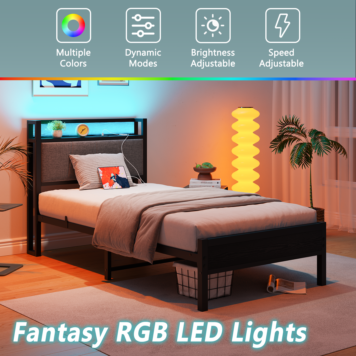90x200cm Bed Frame Smart LED Lights USB Charging Headboard - Metal