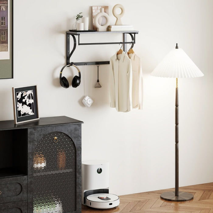 Wall-Mounted Clothes Rack, 5 Hooks with Top Compartment, Grey