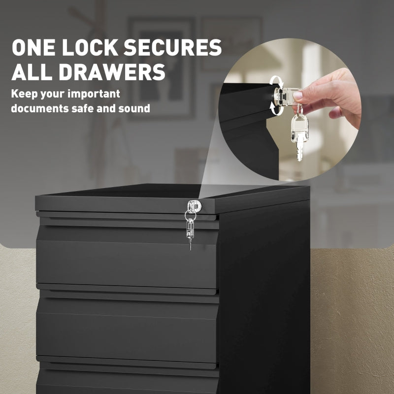 3-Drawer Filing Cabinet with Lock and Wheels - Black Steel