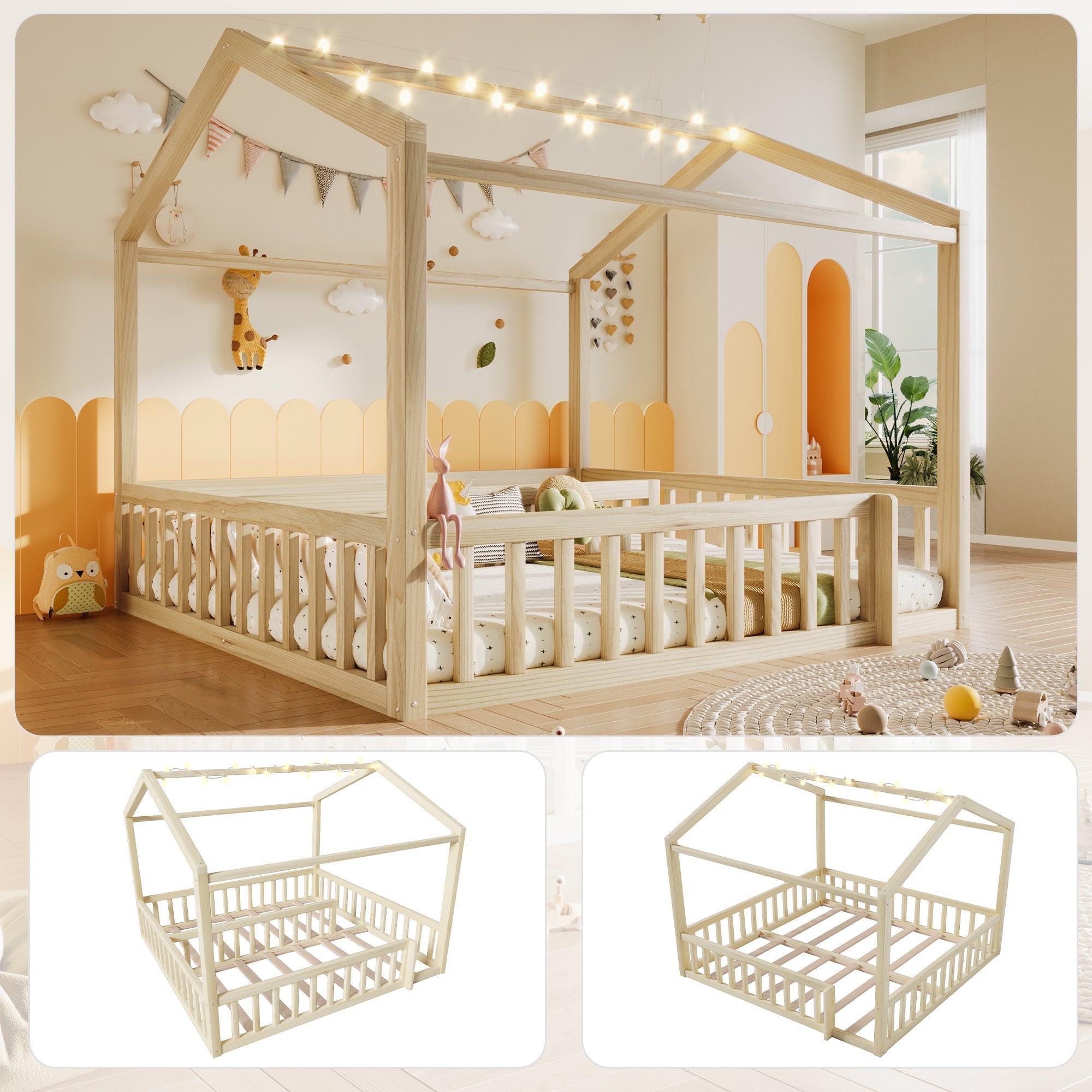 Children's Flatbed Expandable 90/180x190cm House Railing LED Pine Wood Natural