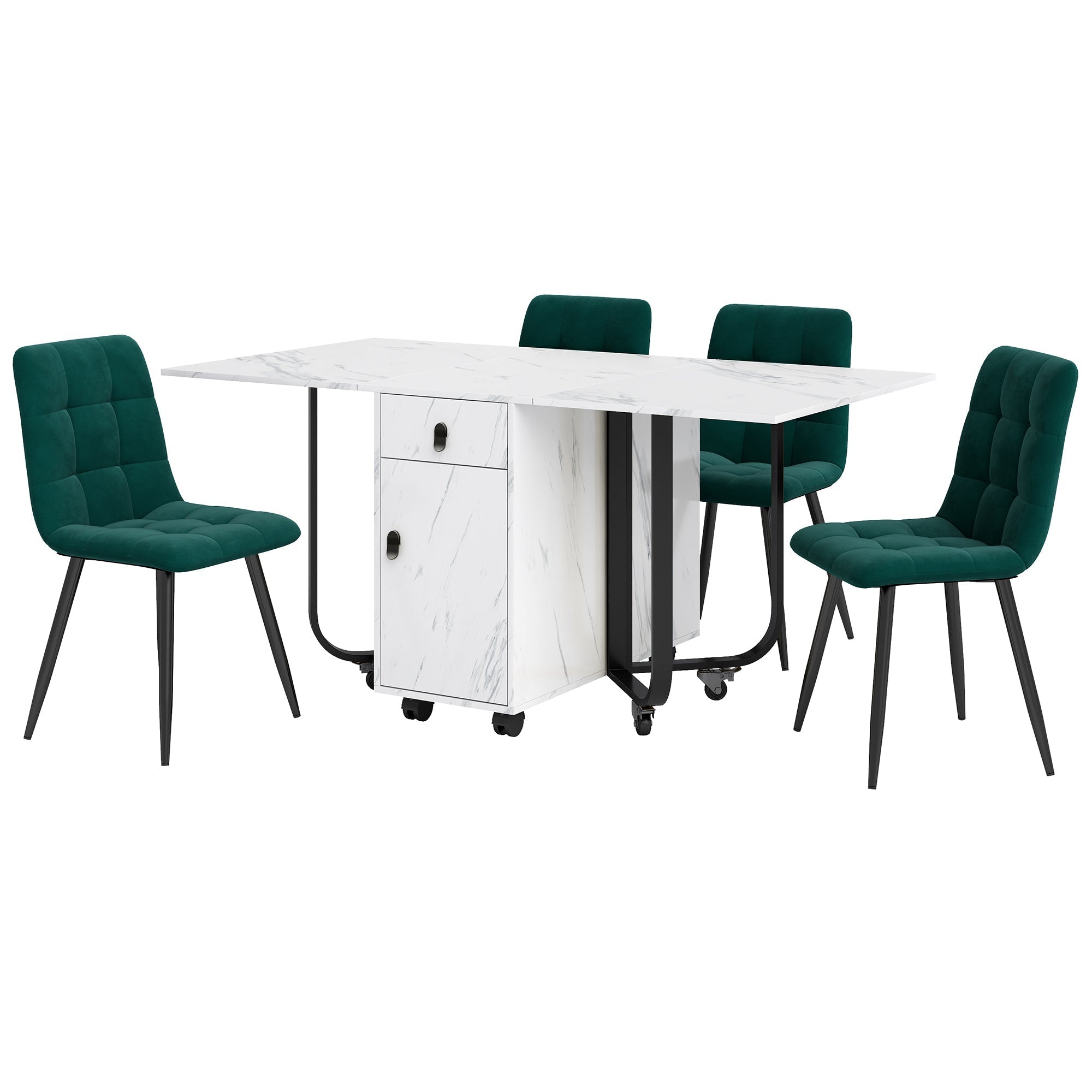 Dining Set 5-Piece Folding Kitchen Table Velvet Chairs White MDF Black