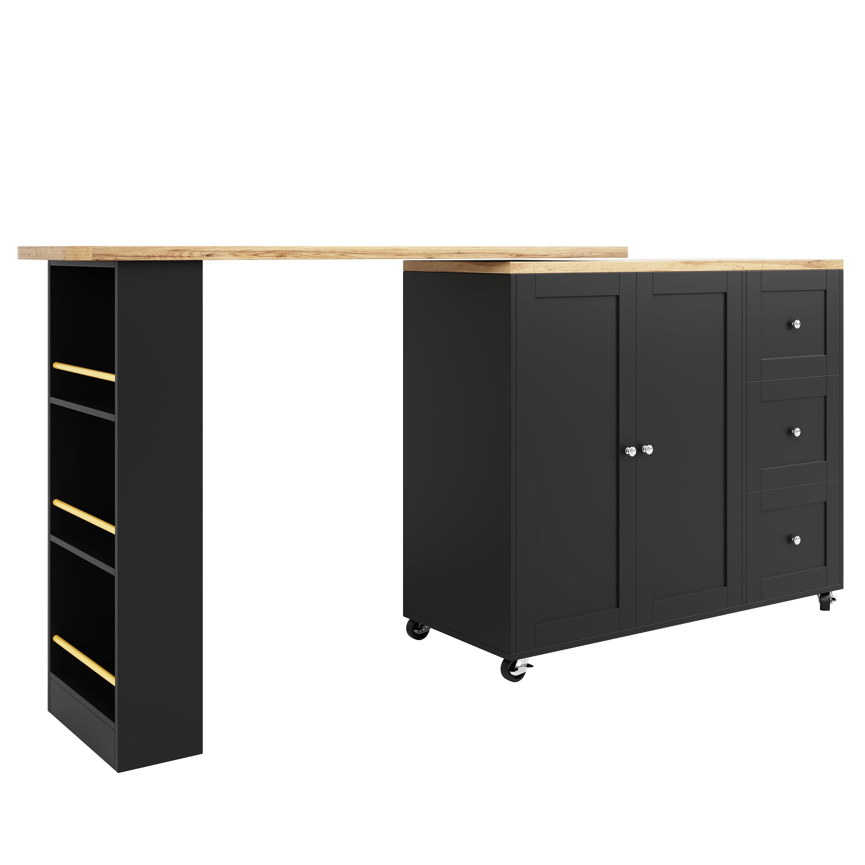 360° Rotating Bar Table Extendable On Casters Storage Island 3 Drawers Black