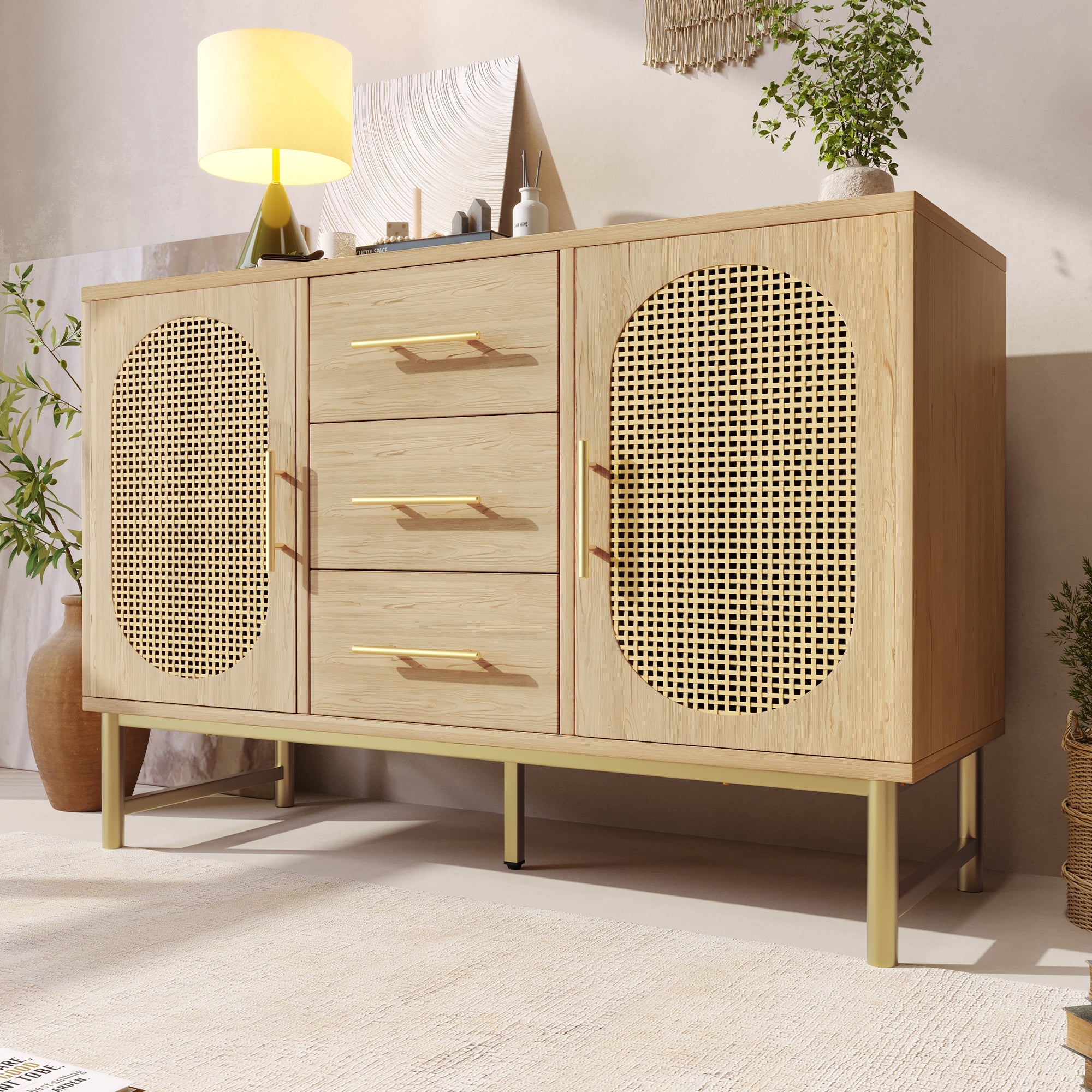 Rattan Sideboard Storage Cabinet with 2 Doors & 3 Drawers, Metal Handles, Adjustable Shelves, Oak