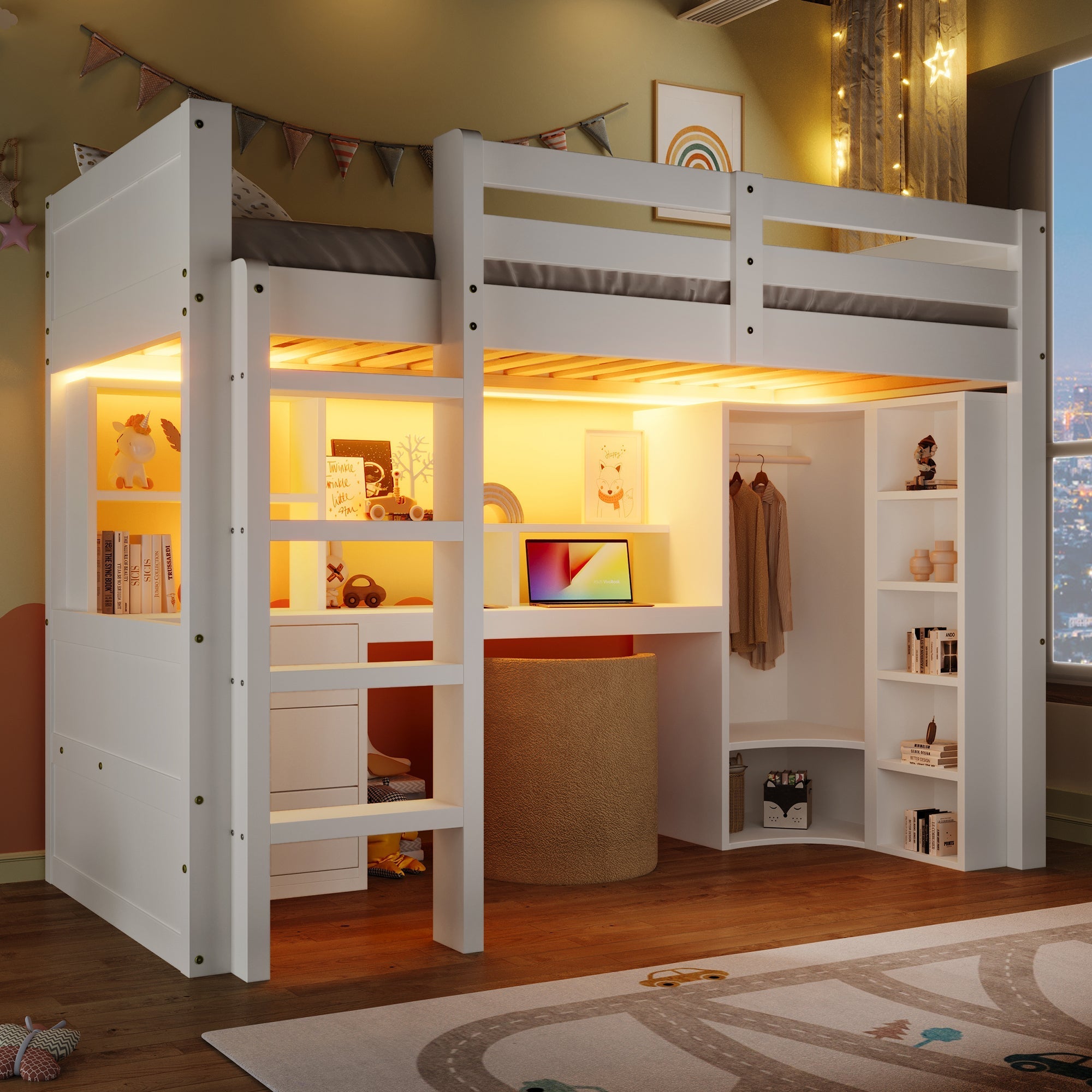 Loft Bed 90x200cm LED Wardrobe Desk Drawers Storage - White