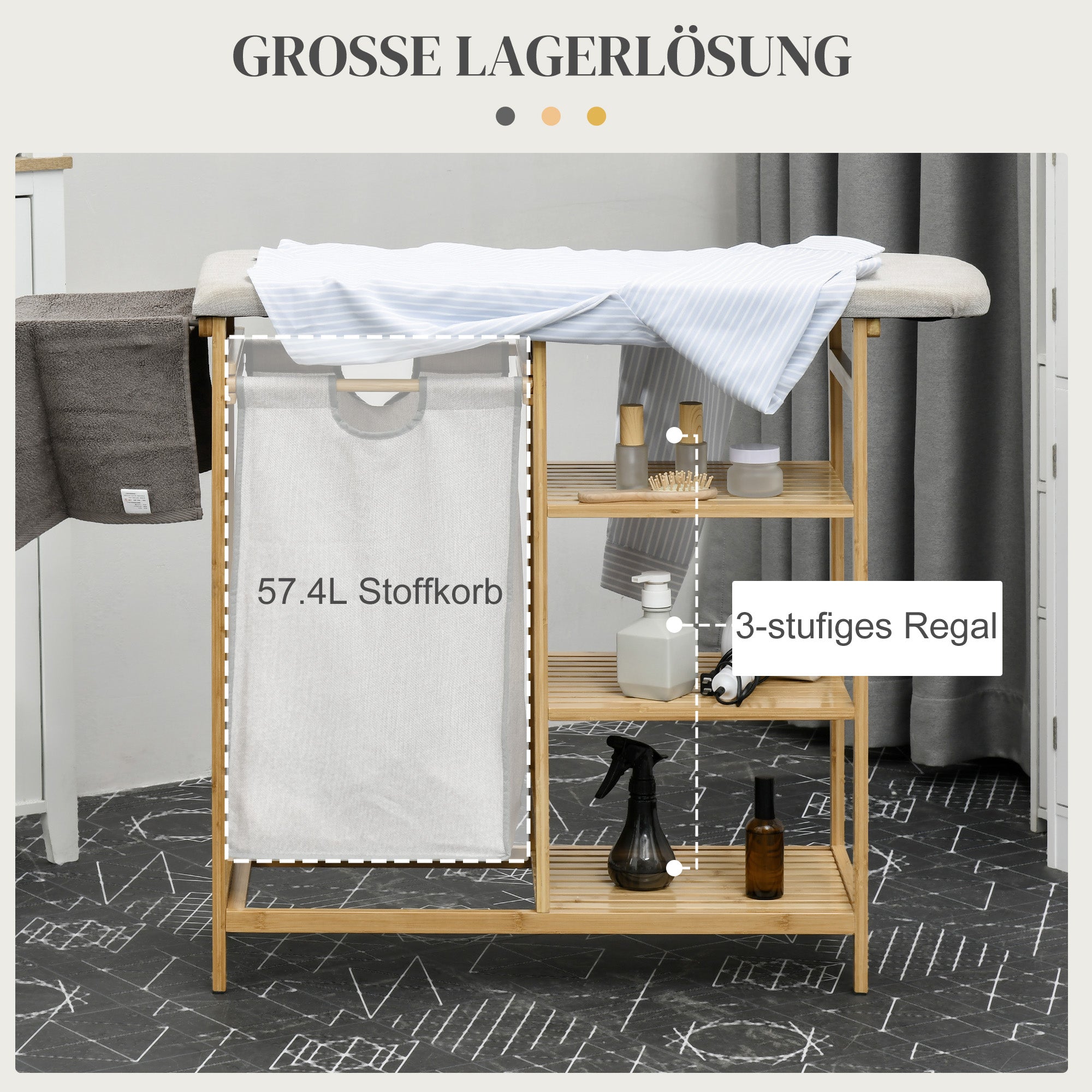 Laundry Basket Hamper with Ironing Board, 3-Tier Shelf, Removable Bag