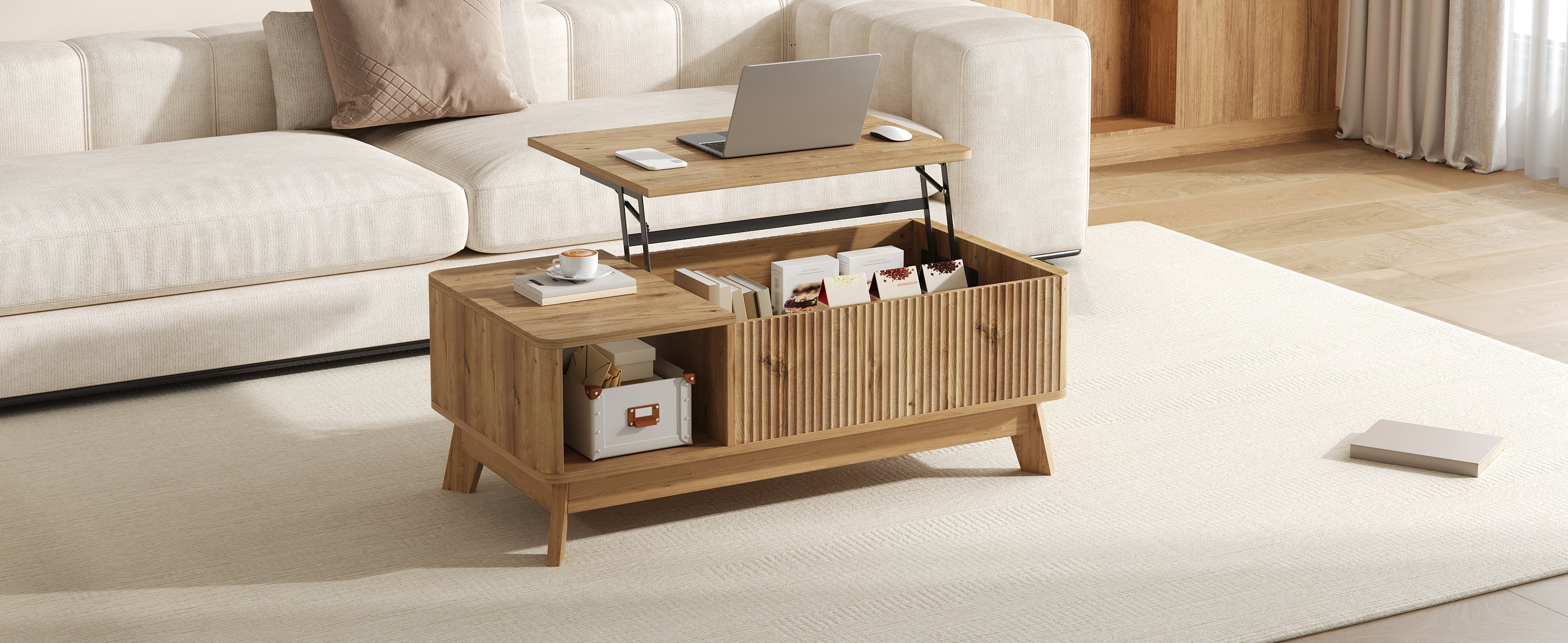 Coffee Table with Lifting Mechanism, Wave Design and Open Side Compartment, MDF Material